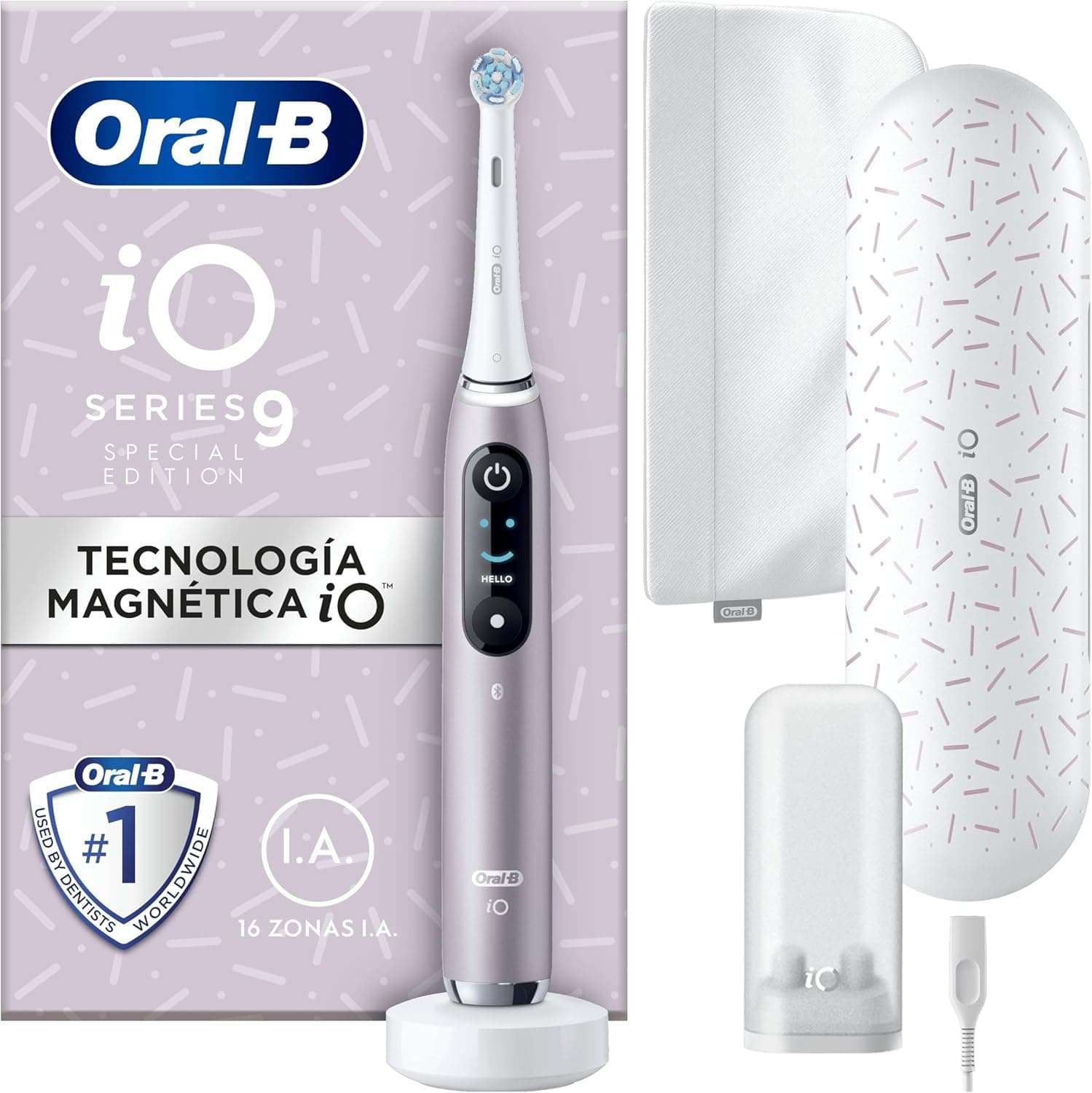 Oral-B iO 9 Escova de dentes elétrica com cabo recarregável, 1 cabeça, estojo de viagem com carregador e capa magnética, desenhado por Braun, presentes originais para mulher e homem - rosa