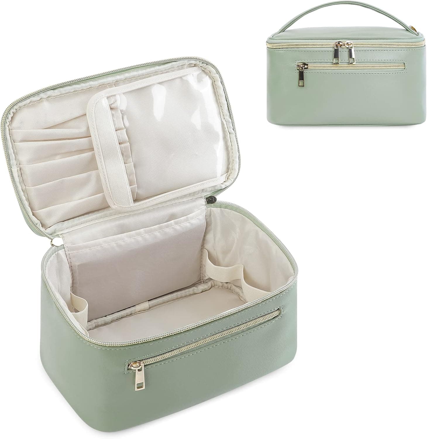 Wandering Nature | Bolsa de maquilhagem em pele vegana verde sálvia com estojo para pincéis