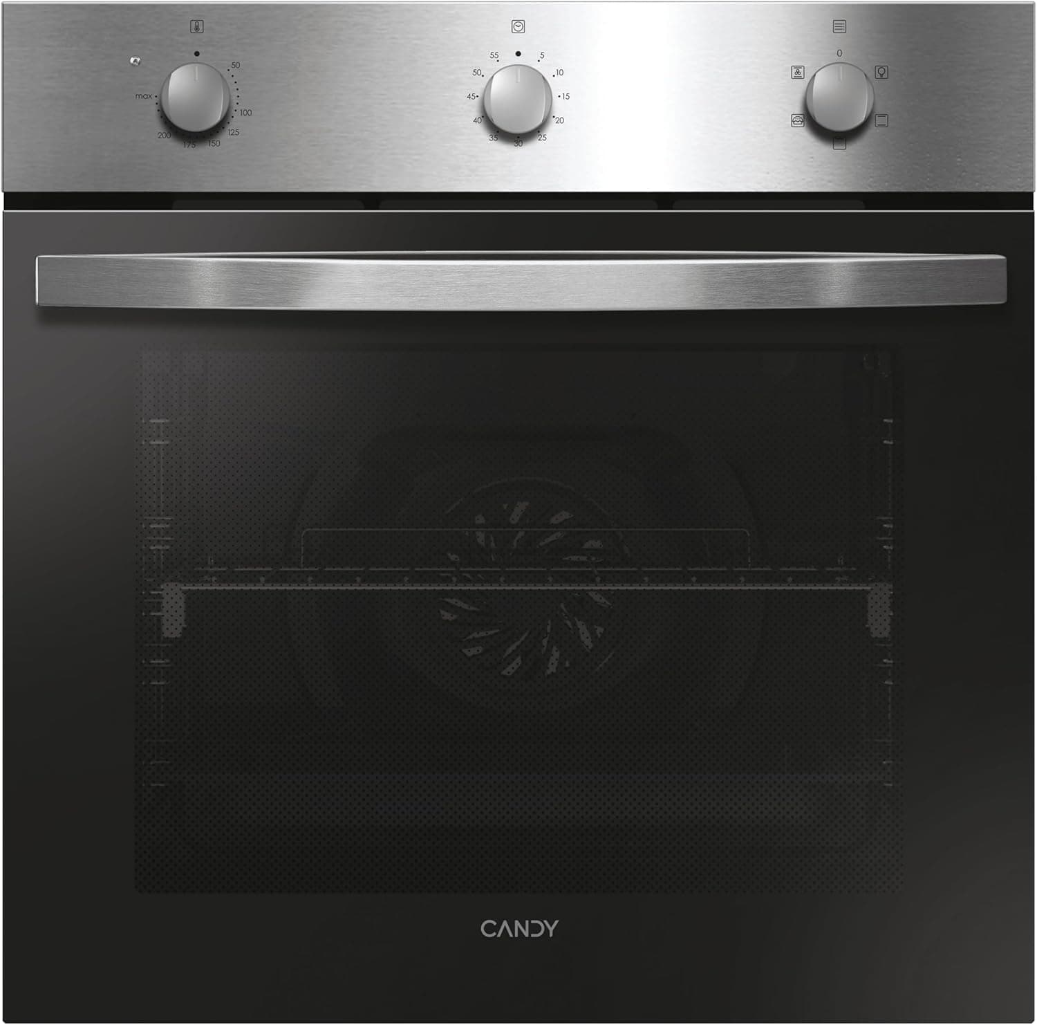 Candy Idea FIDC X532, forno multifunções, 65 L, 1 bandeja e 1 grelha, guia telescópico, convecção ventilador, 5 funções, 3 comandos mecânicos, 2100 W, porta de vidro duplo, Inox e preto