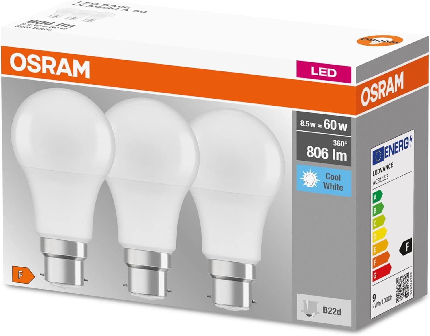 OSRAM LED BASE CLASSIC 3 Lâmpadas LED, casquilho B22d, 2700 K, 8,50 W, equivalente a 60 W, mate, branco quente 
