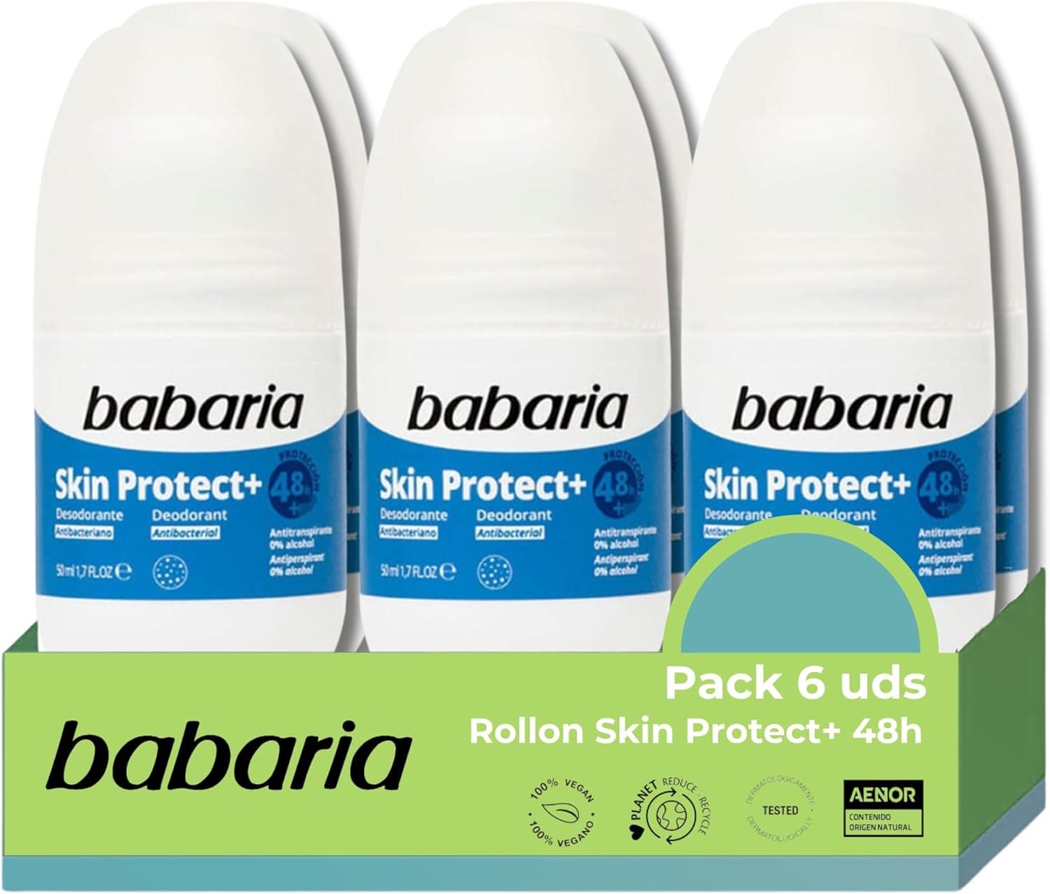 Babaria - Pack 6 de desodorizante mulher e homem Roll On Skin Protect | Desodorante para crianças e adultos | Desodorante Deos hidratante | proteção 48h | 100% vegan
