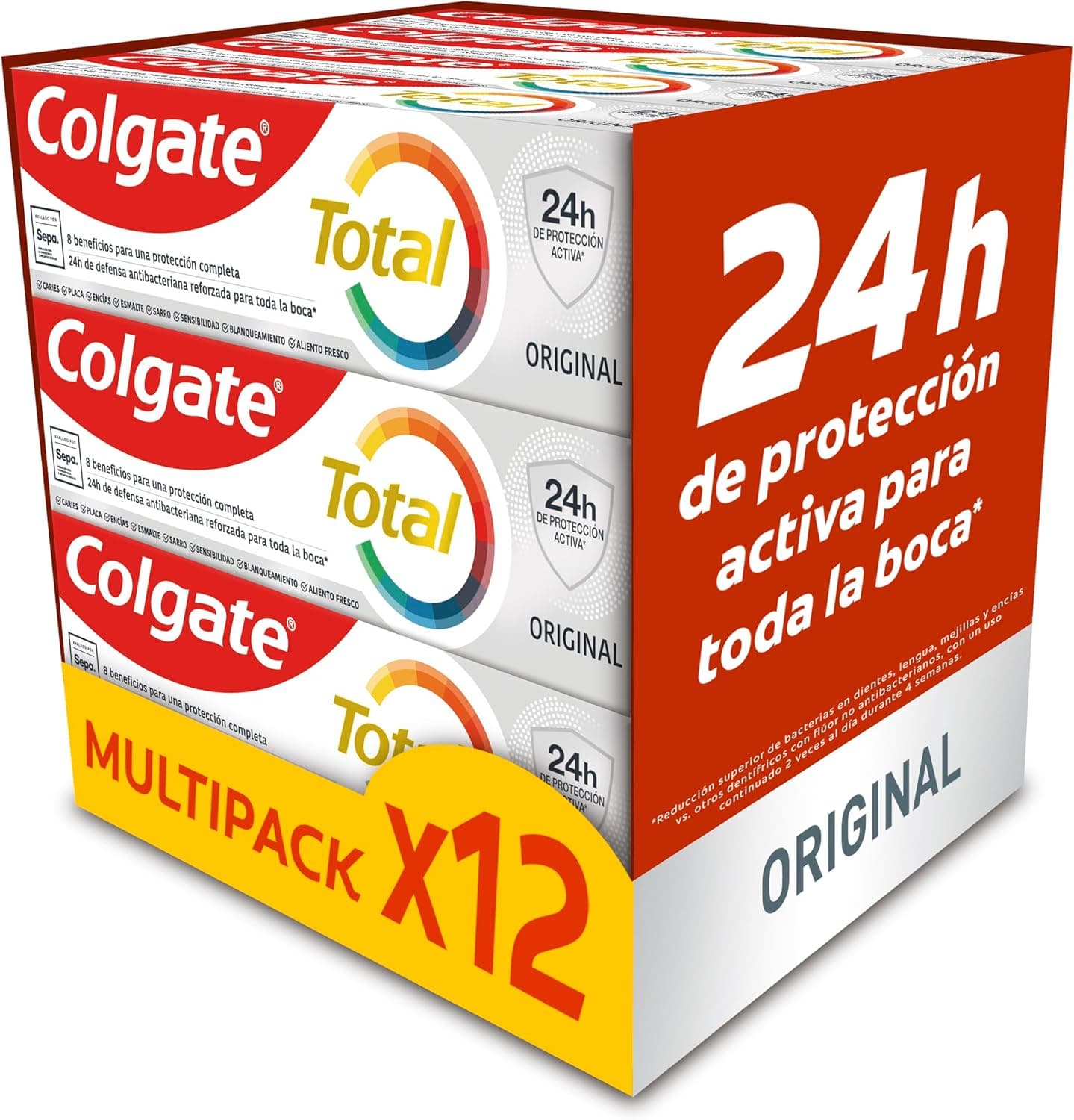Colgate Total original pasta de dentes, pack de 12 unidades x 75 ml, dentífrico com 24H de defesa antibacteriana reforçada para a boca, tecnologia antibacteriana de zinco duplo
