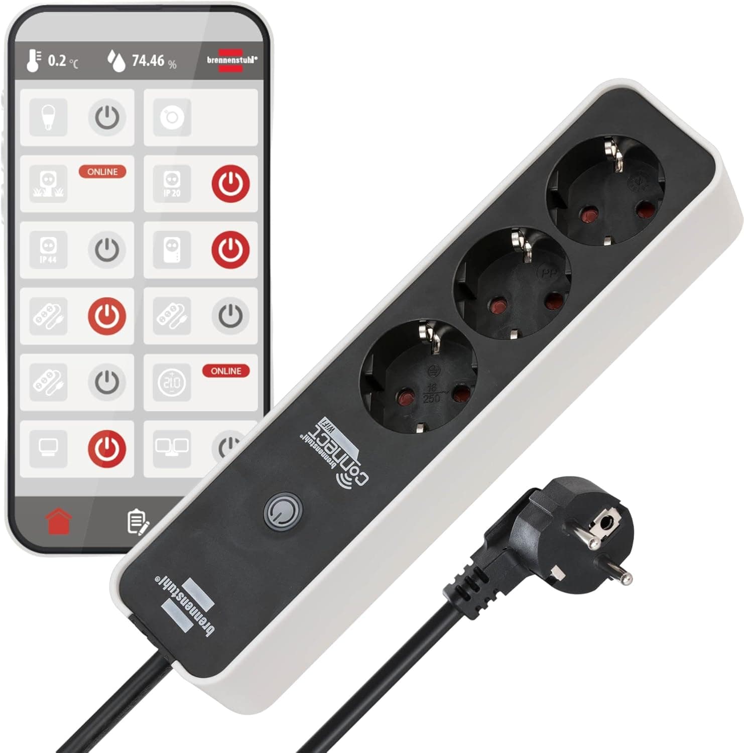 Brennenstuhl Connect Tomada inteligente com 3 tomadas programável (tomada WiFi, controlo por App ou Voz, aplicação gratuita, compatível com Alexa e Google Assistant) branco/preto 