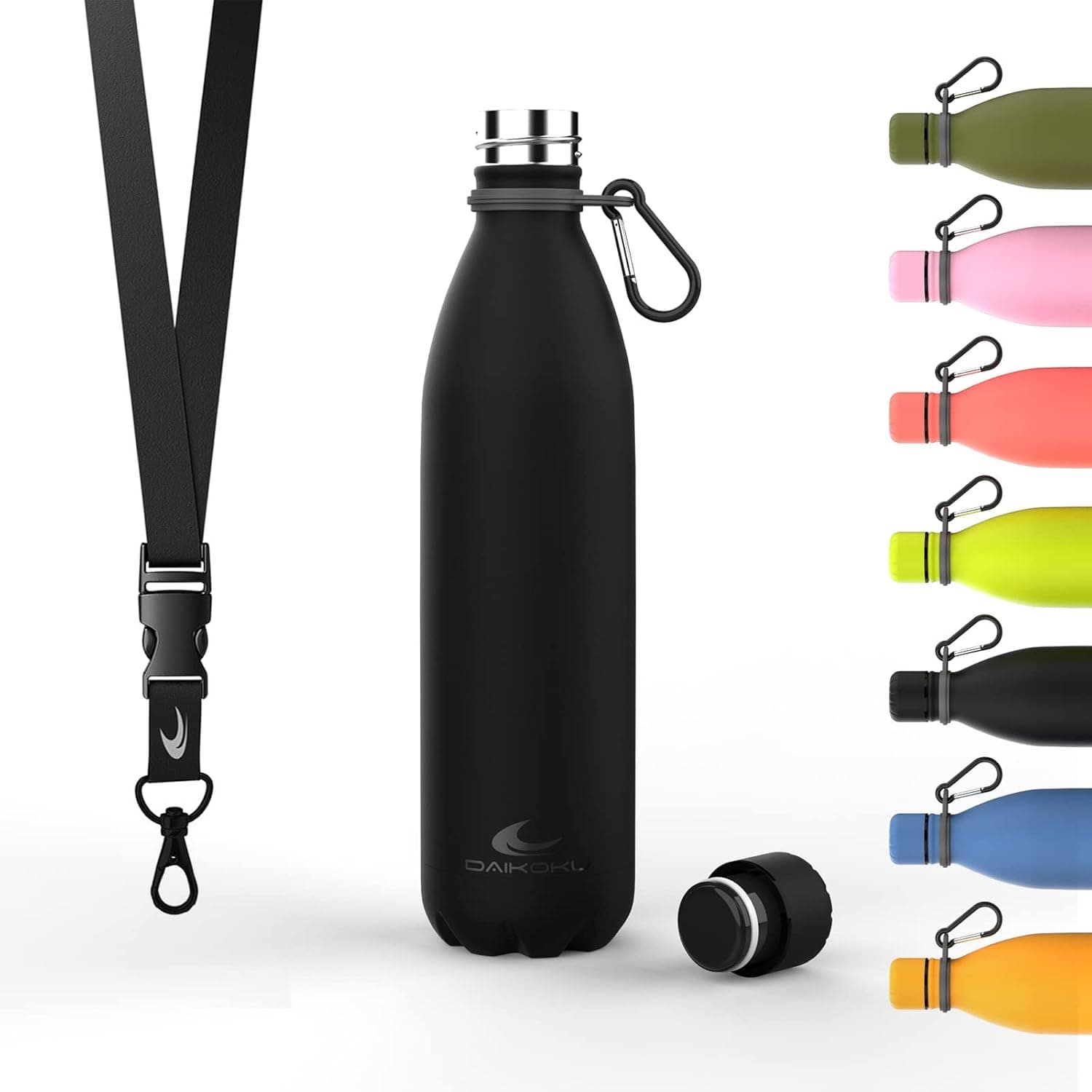 Daikoku Garrafa de água em aço inoxidável, 750 ml, garrafa térmica, bebidas frias 24 horas e quentes 12 horas, garrafa de água anti-gotejamento, parede dupla livre de BPA, preto