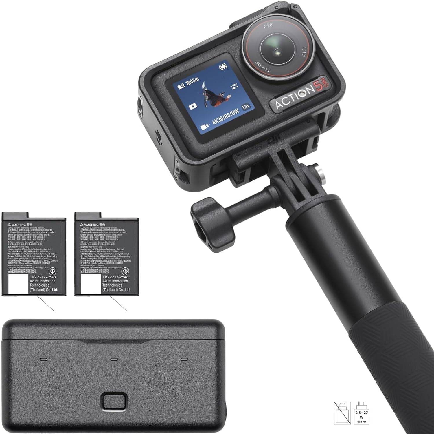 DJI Pack Aventura Osmo Action 5 Pro, câmara de ação 4K com sensor de 1/1,3", bateria aumentada para 12 h com 3 baterias, estabilização, 2 ecrãs táteis OLED, mini câmara para viagens e Vlogs