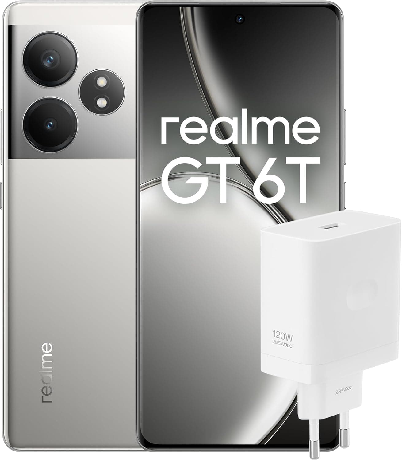 realme Smartphone GT 6T 256 GB 8 GB Fluid Silver EU SuperVOOC 120 W Power Adapter White