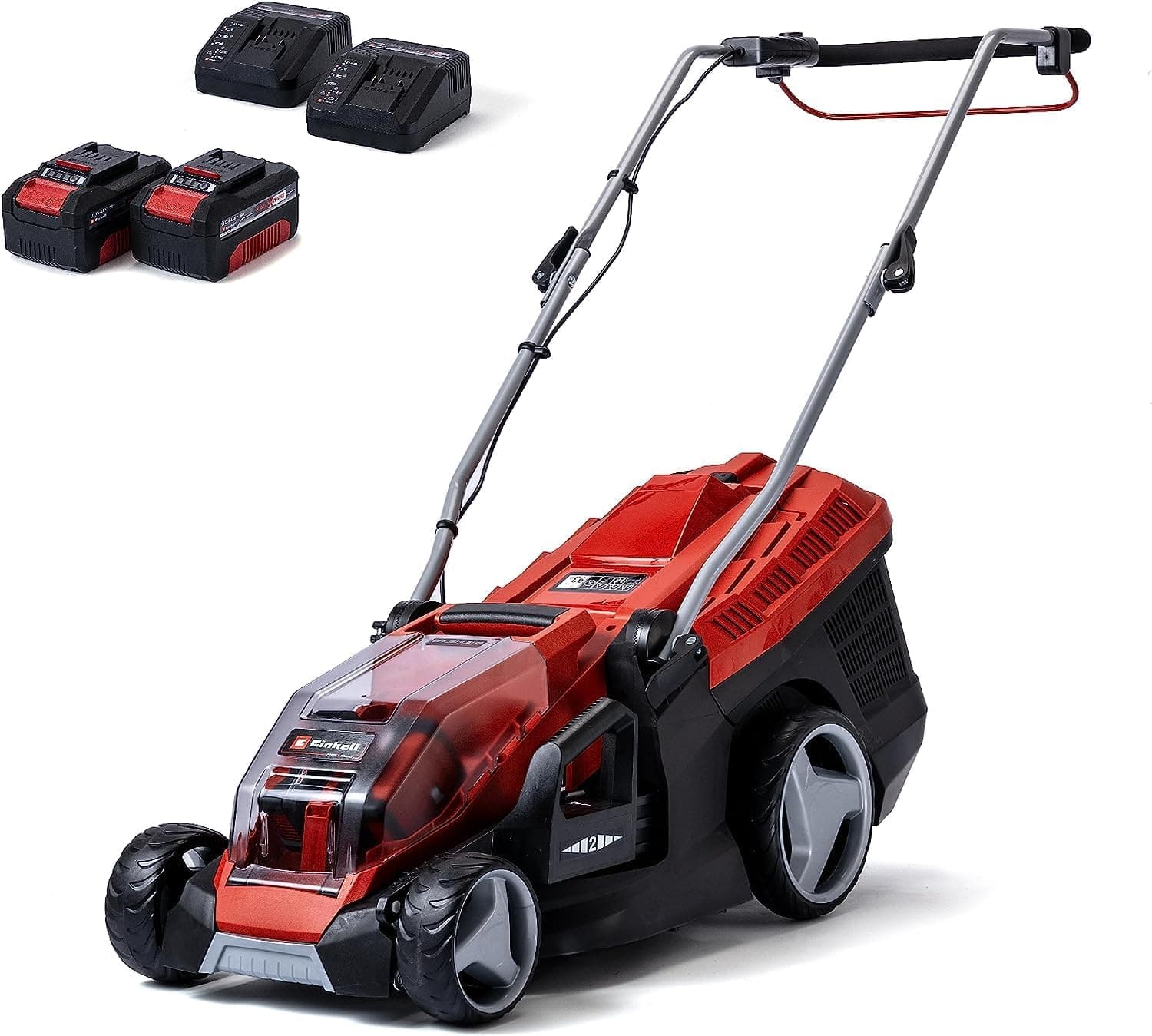 Einhell Corta-relvas a bateria GE-CM 36/36 Li Kit Power X-Change (36 V, 36 cm de largura de corte, até 400 m², Brushless, saco coletor 40 l, 25-75 mm de altura de corte, com 2 x 4,0 Ah bateria e 2 x