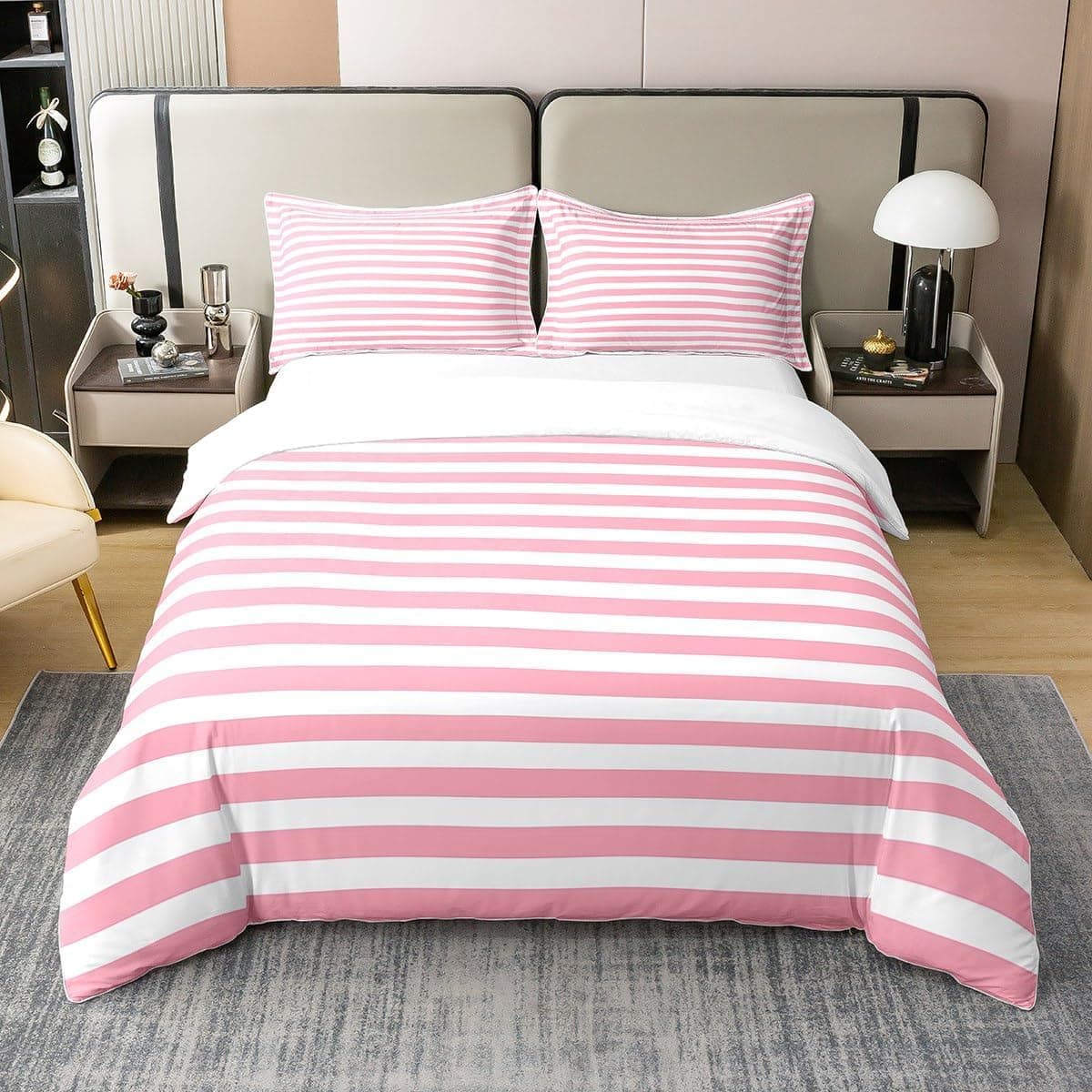 Homewish Conjunto de roupa de cama 100% algodão, capa de edredão 220 x 240 cm, riscas rosa para crianças e mulheres