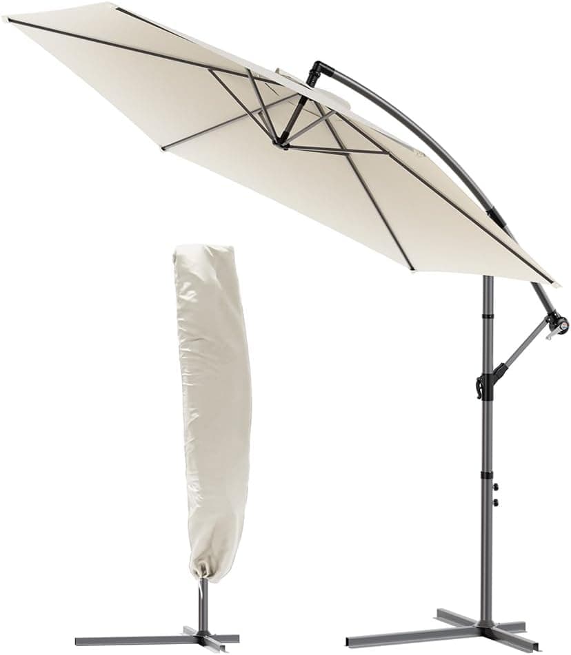 VOUNOT 300 cm guarda-sol central, guarda-sol de jardim com manivela e capa protetora, proteção UV, bege