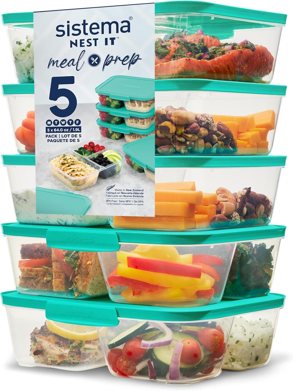 Sistema Nest IT | Conjunto de 5 recipientes herméticos para alimentos com compartimentos e tampas, 1,9 L cada, sem BPA