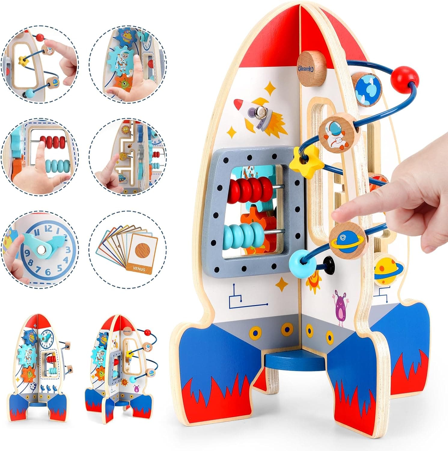 Gleamkid Brinquedo para foguetes a partir de 1 ano, brinquedo de madeira para bebé, cubo de motor Montessori, brinquedo educativo 6 em 1 com labirinto de pérolas, ábaco, cubo de atividade para bebés