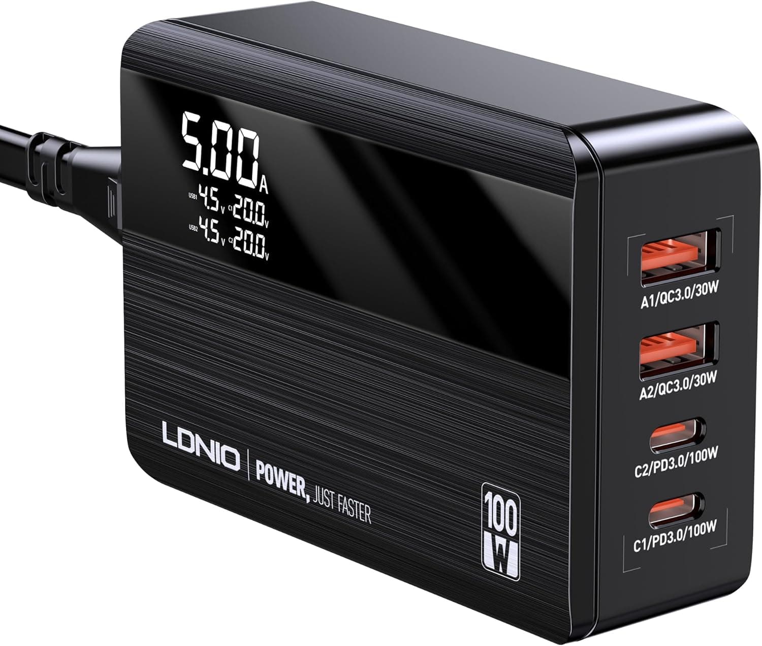 LDNIO Carregador USB C 100 W alimentação 4 portas GaN carregador rápido PD3.0 carregador USB com indicador LED