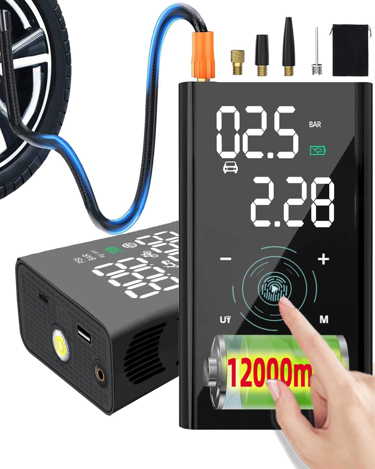 yanace 12000 mAh Compressor de ar carro, 150 PSI bomba de ar bicicleta elétrica com 4 tipos de adaptadores insufláveis, tipo C, insuflador rodas carro para bolas, scooter e bicicletas, mota