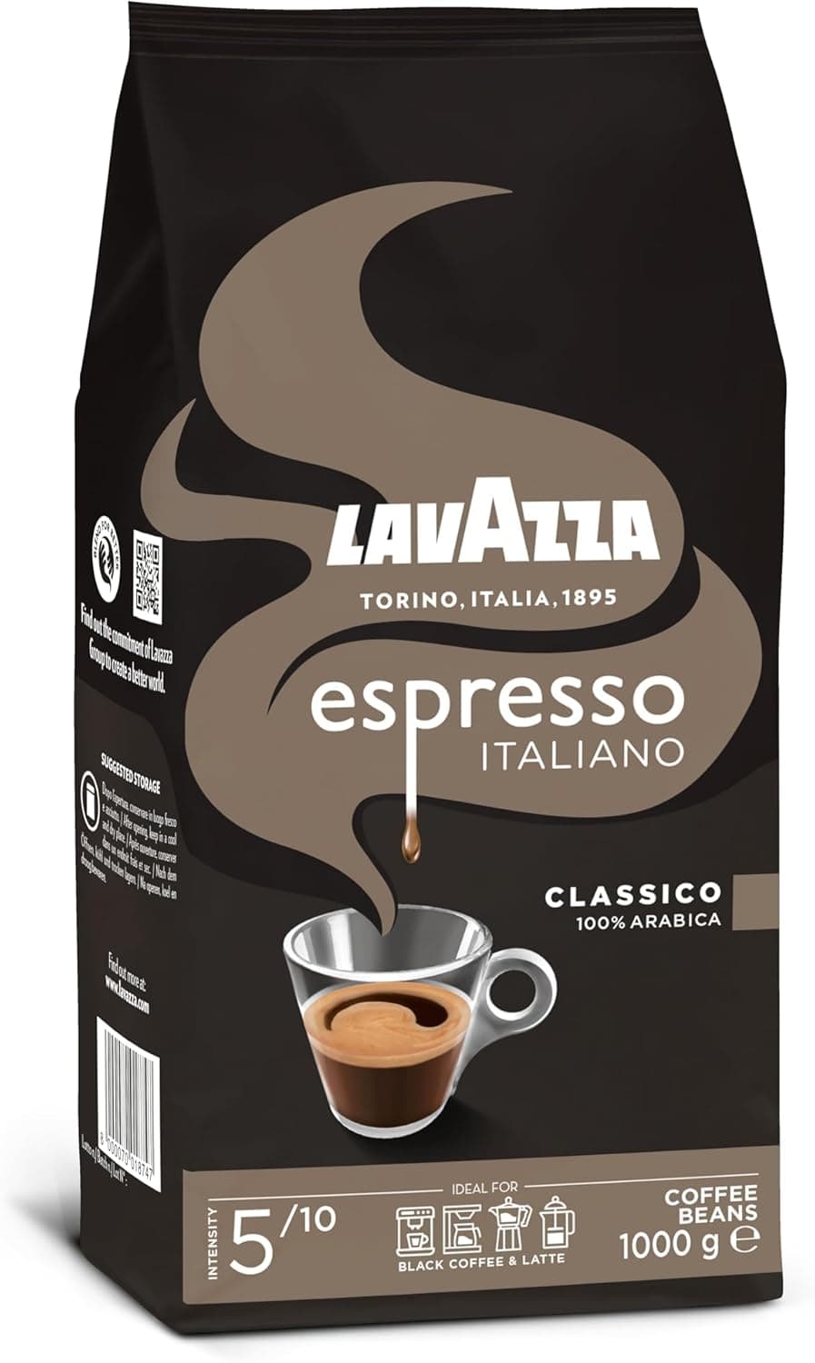 Lavazza, Espresso Italiano Classico, Café en Grano Natural, Ideal para la Máquina de Café Espresso, con Notas Aromáticas Florales, 100 % Arábica, Intensidad 5, Tueste Medio, Paquete de 1 kg