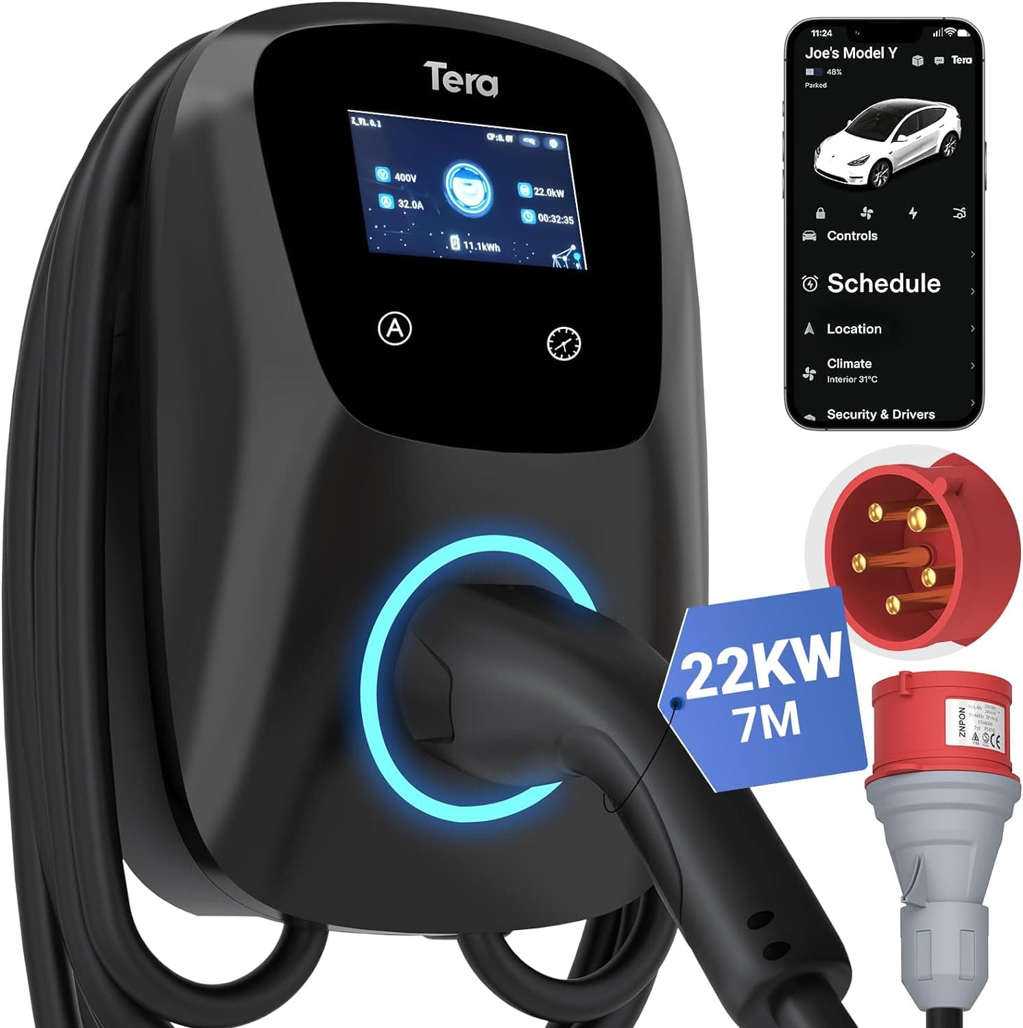 Tera EV Carregador com Smart App 32A tipo 2 22 kW 400 V CE e TüV wallbox cabo de carregamento de 7 metros com suporte para carregador controlo da aplicação tomada de 3 fases CEE carro elétrico W01