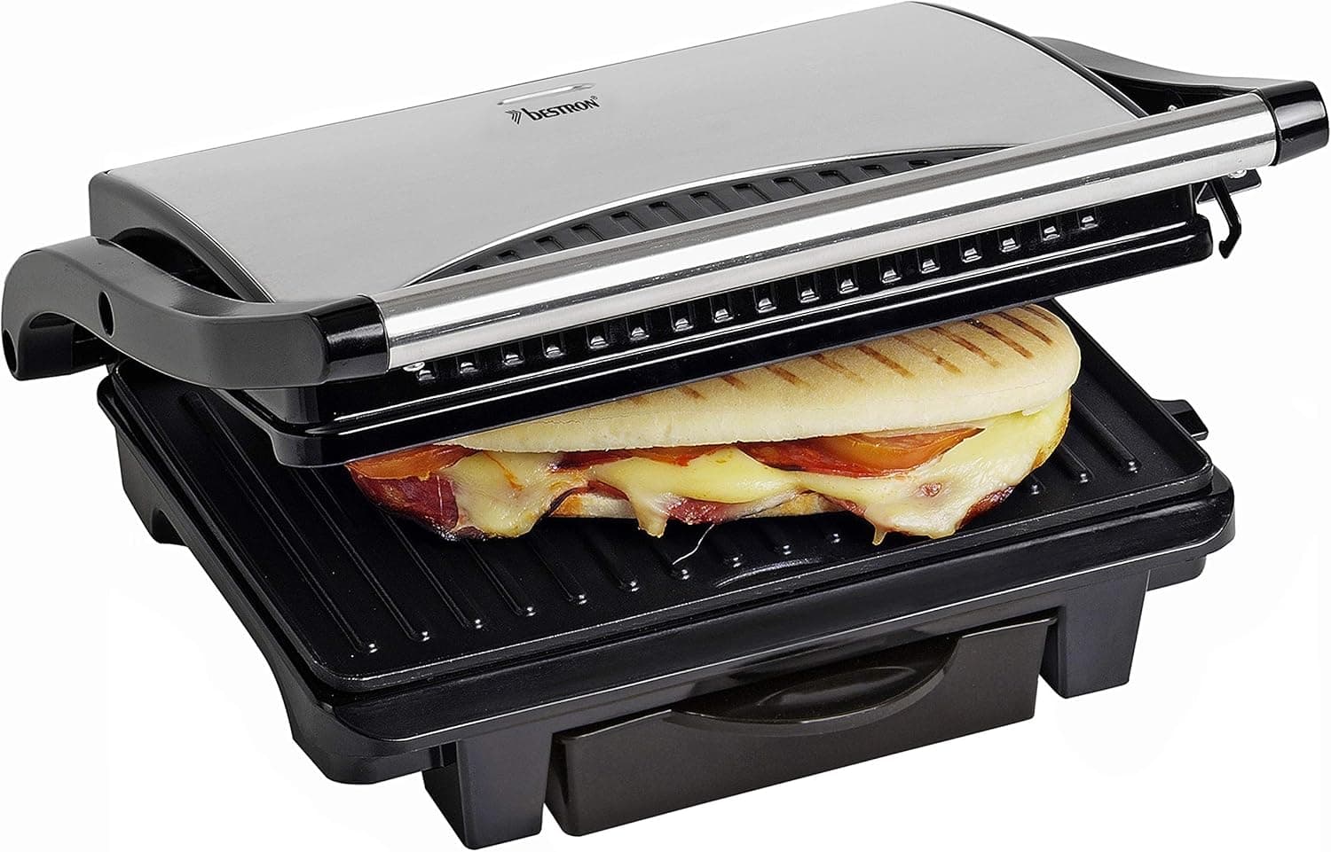 Bestron Grelha de sanduíche com revestimento antiaderente e bandeja de recolha de gordura, 1000 W, preto