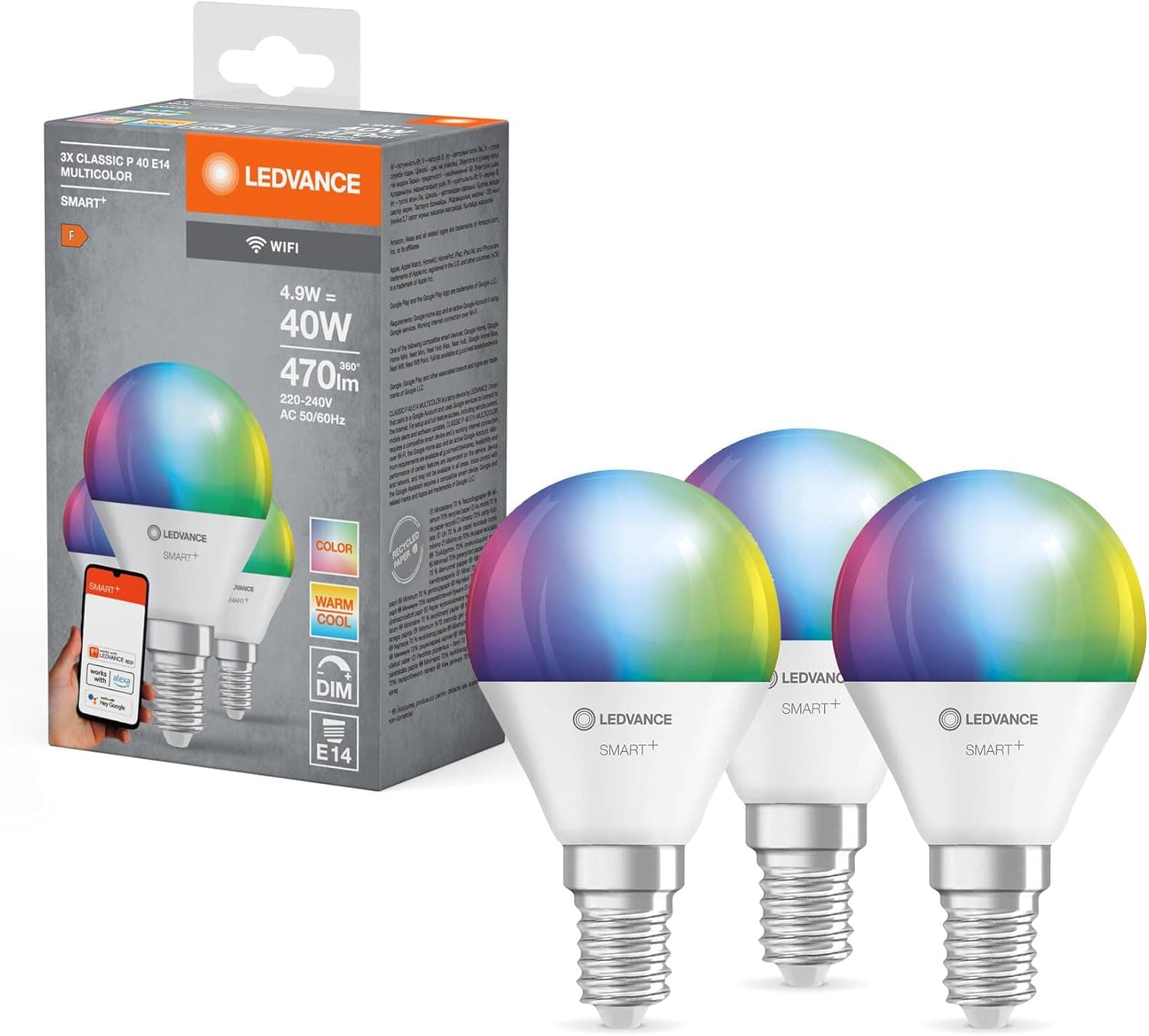 LEDVANCE SMART+ WiFi Mini Bulb Multicolour | Pack de 3 lâmpadas LED conectadas E14 reguláveis com luz branca e cores RGB, substitui incandescentes de 40 W