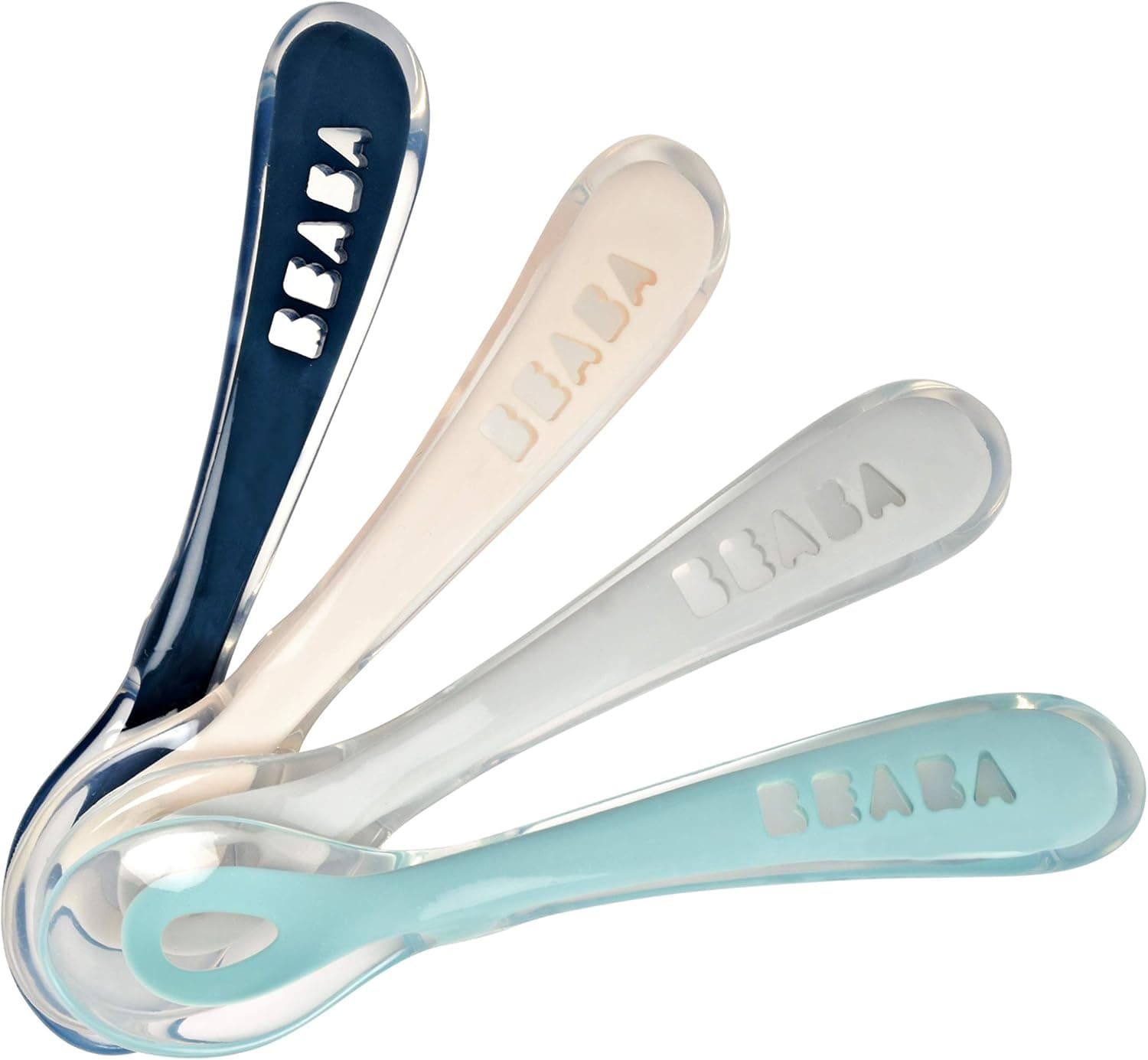 BÉABA Colher de aprendizagem para bebé e criança, silicone, lote de 4, segunda infância, suave, ponta arredondada, cabo ergonómico, multicolorido (arco-íris)