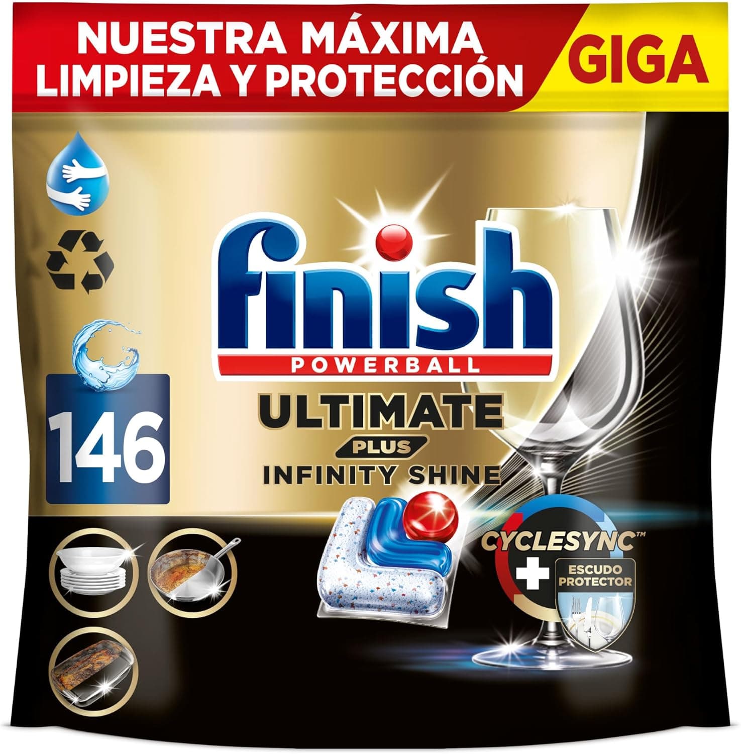 Finish Ultimate Plus Infinity Shine, pastilhas para máquina de lavar louça, limpeza e brilho intensivos e proteção de vidro, 146 pastilhas