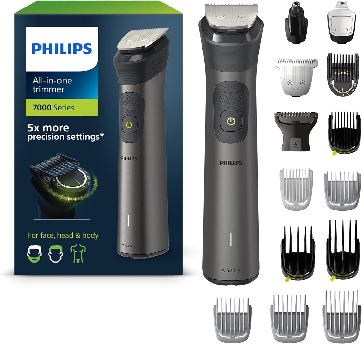 Philips Aparador de barba série 7000, máquina de cortar cabelo, corta-pelos para homem, kit 15 em 1 para rosto, cabelo, orelhas, nariz e corpo, 120 min de uso