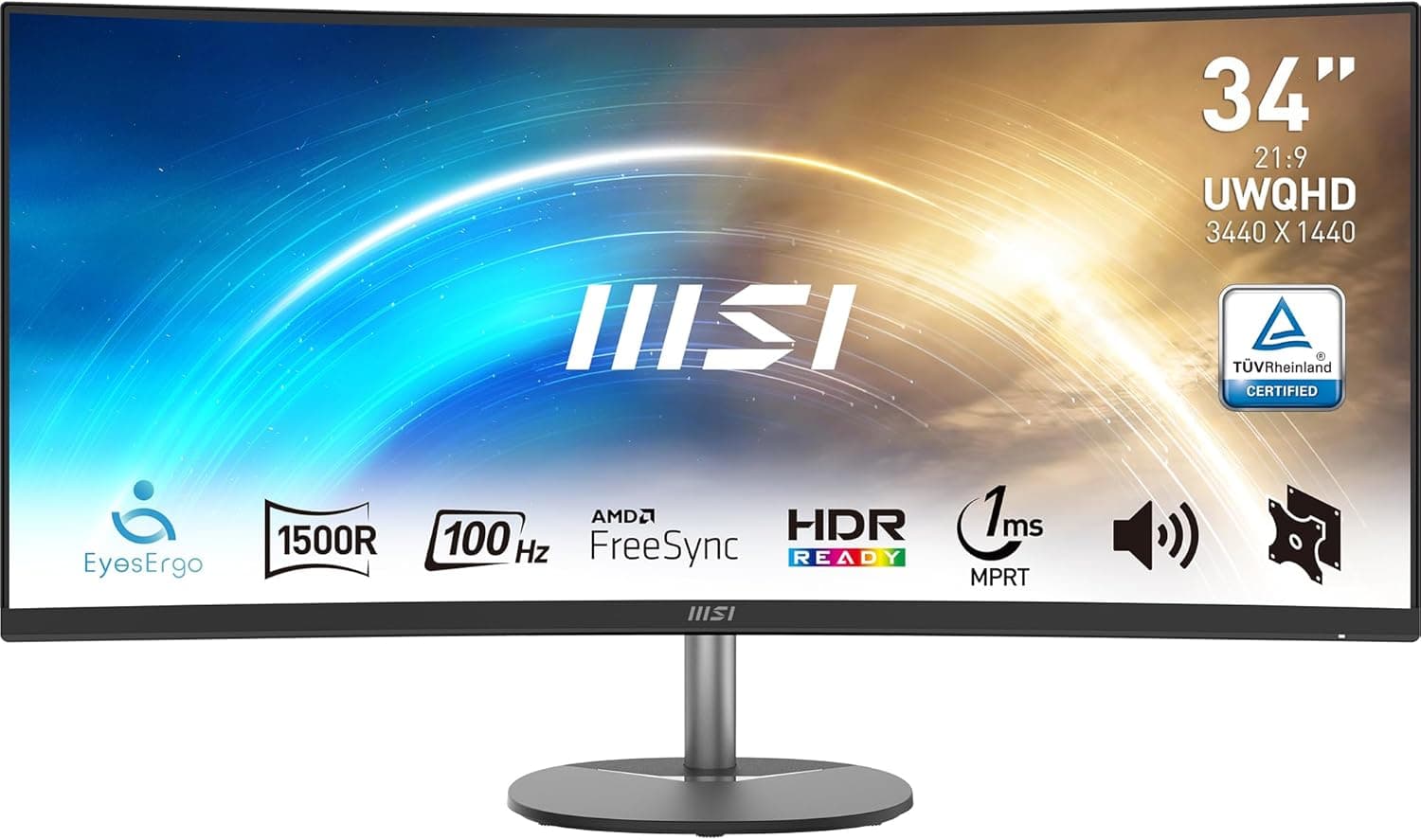 MSI PRO MP341CQW Monitor profissional, painel curvo de 34", UWQHD 3440 x 1440, 1500R, 100Hz, 1ms (MPRT), DP, HDMI, HDR Ready, VESA, cor branca