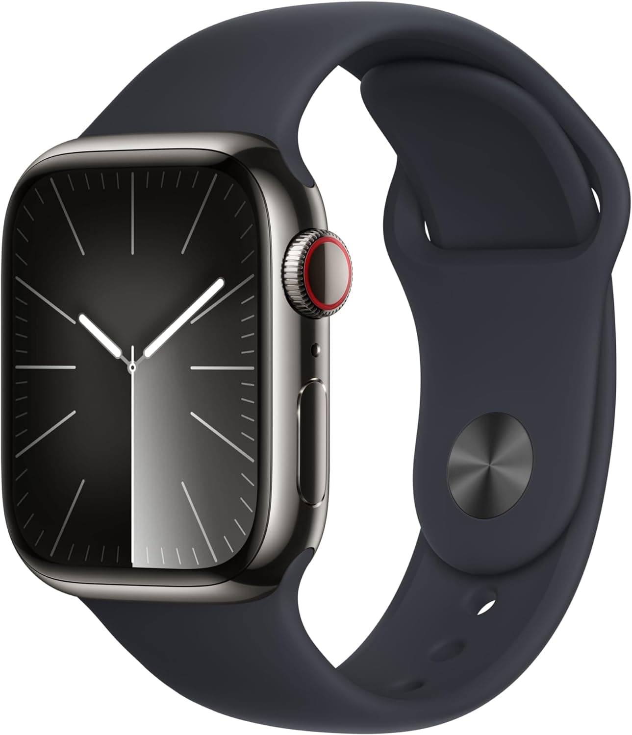 Apple Watch Series 9 (GPS Cellular) Caixa de aço inoxidável em grafite de 41 mm, correia desportiva cor média noite - tamanho M/L