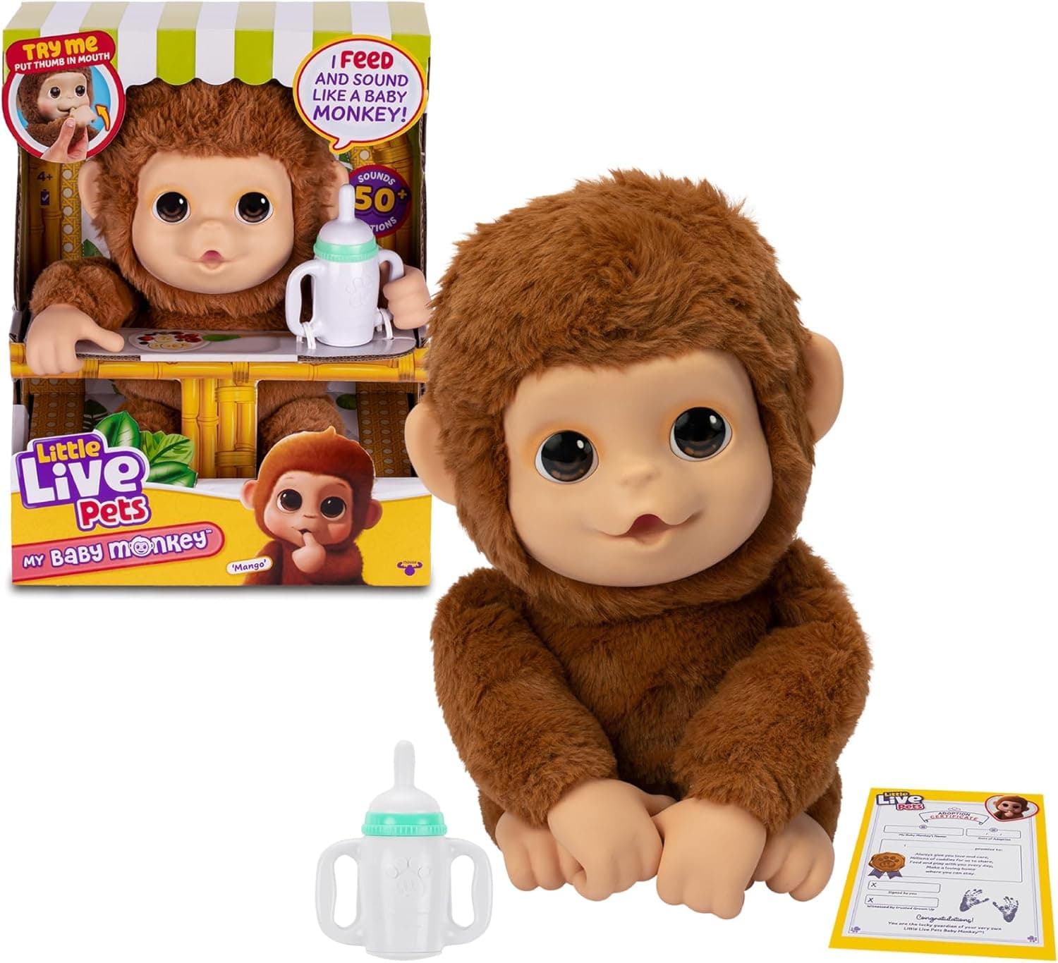 Little Live Pets - My Baby Monkey, Mascota de Juguete, 40 Sonidos y Reacciones, Mango el Mono Tiene una Boca Móvil y Emite Sonidos al Comer, Manos y Pies Pueden Agarrar, +4 años, Famosa (LP500000)
