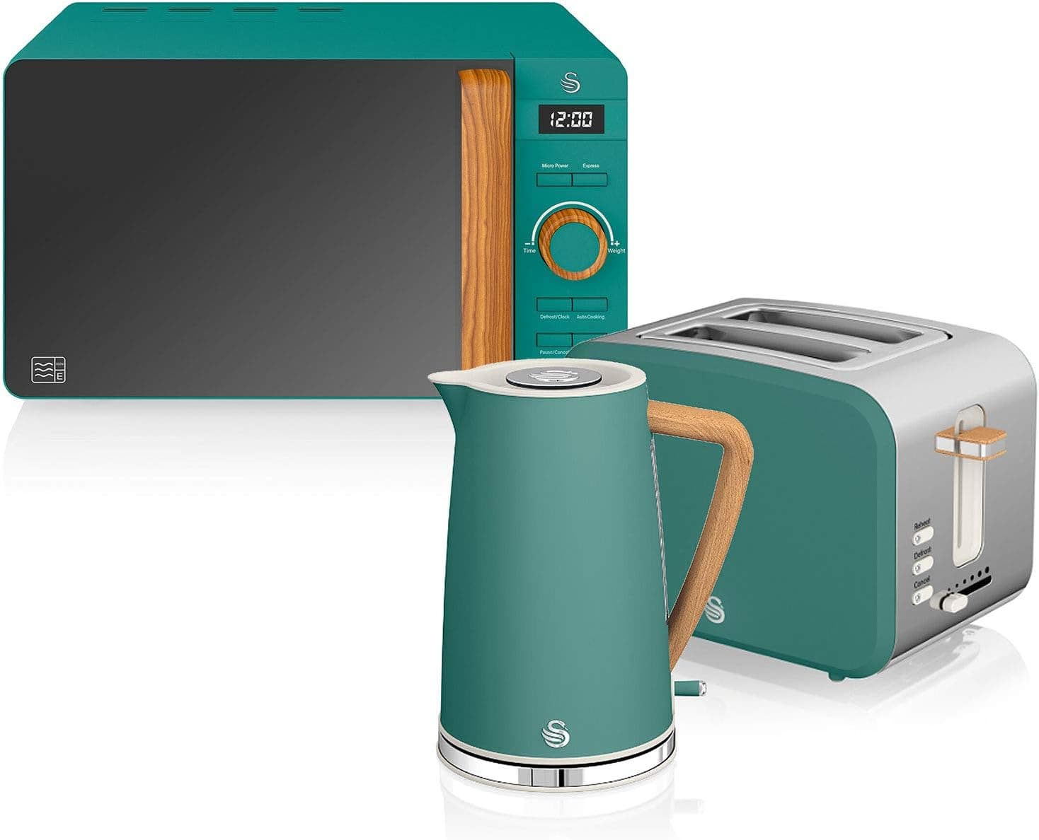 Swan Nordic | Conjunto pequeno-almoço com chaleira 1,7 L torradeira 2 fatias e micro-ondas 20 L em design moderno verde