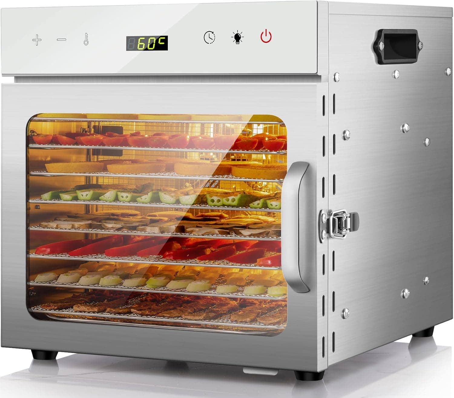 Kwasyo 8 Bandejas de desidratação de alimentos, receitas gratuitas temperatura ajustável 30-90 °C, aço inoxidável completo, temporizador de 24 horas, desidratadora de frutas, BPA Free