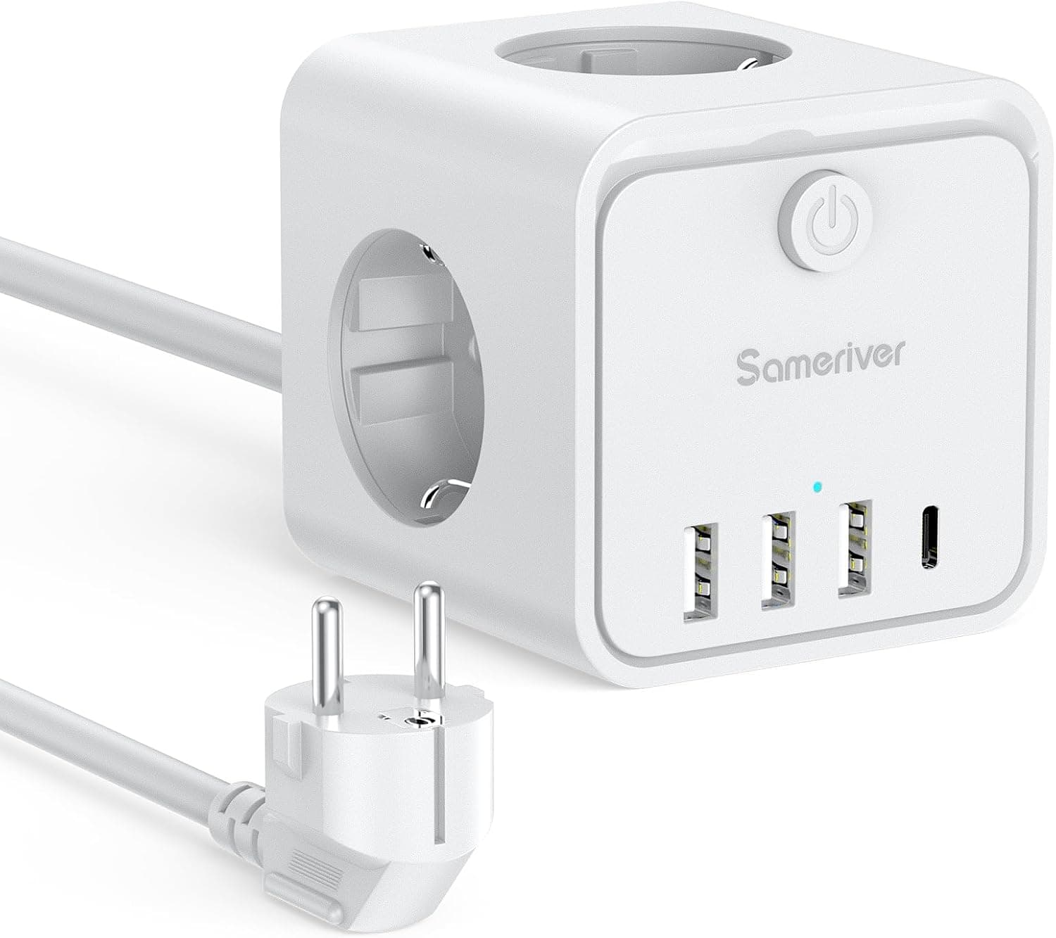 Sameriver Cubo com tira 2 m com tomada plana com tira para uso interior, tomada plana com 3 tomadas de AC, 3 USB e 1 tipo C para família, cozinha e escritório, branco