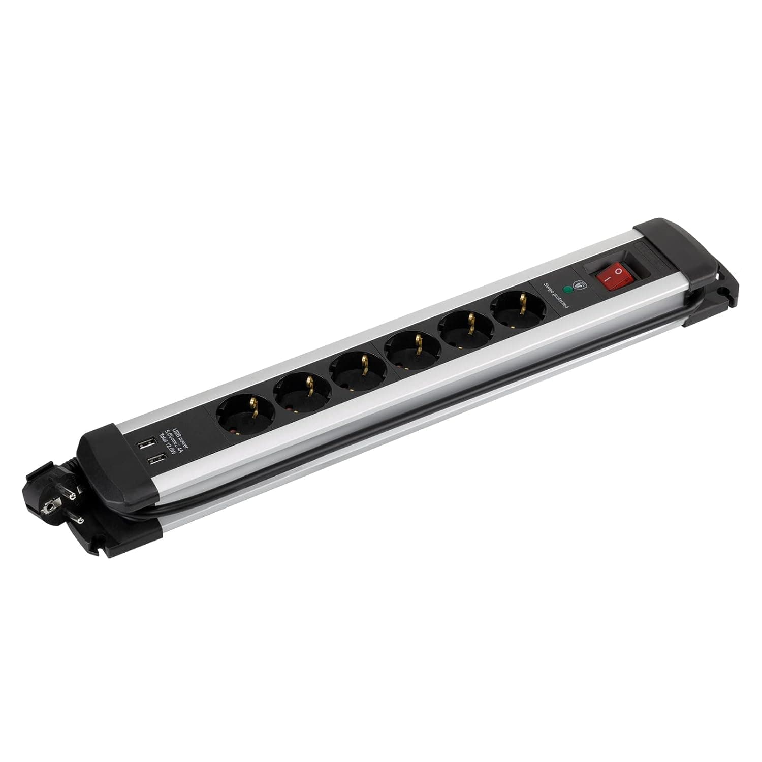 SIMON - Tomada múltipla Extrapower, tomada plana, ladrão de tomadas com interruptor, 6 tomadas 16A 250 V 2 tomadas USB A, proteção contra picos de tensão e cabo 1,5 m, alumínio e preto