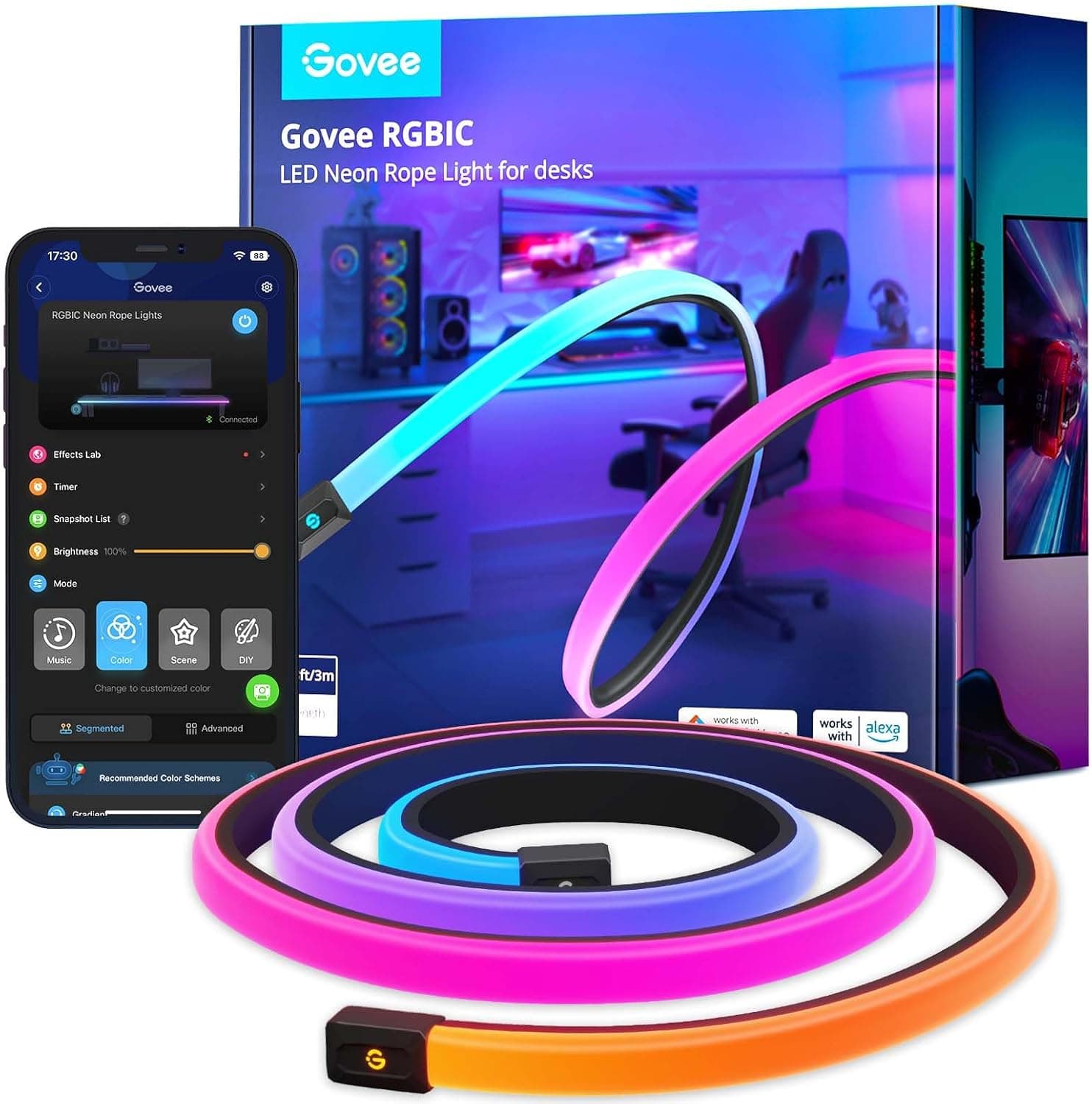 Govee Tira LED néon 3 m para mesa de jogos, RGBIC luzes LED cortáveis, luz LED néon sincronizada com Razer Chroma, controlo inteligente APP, compatível com Alexa, adaptador (apenas WiFi 2,4 G)