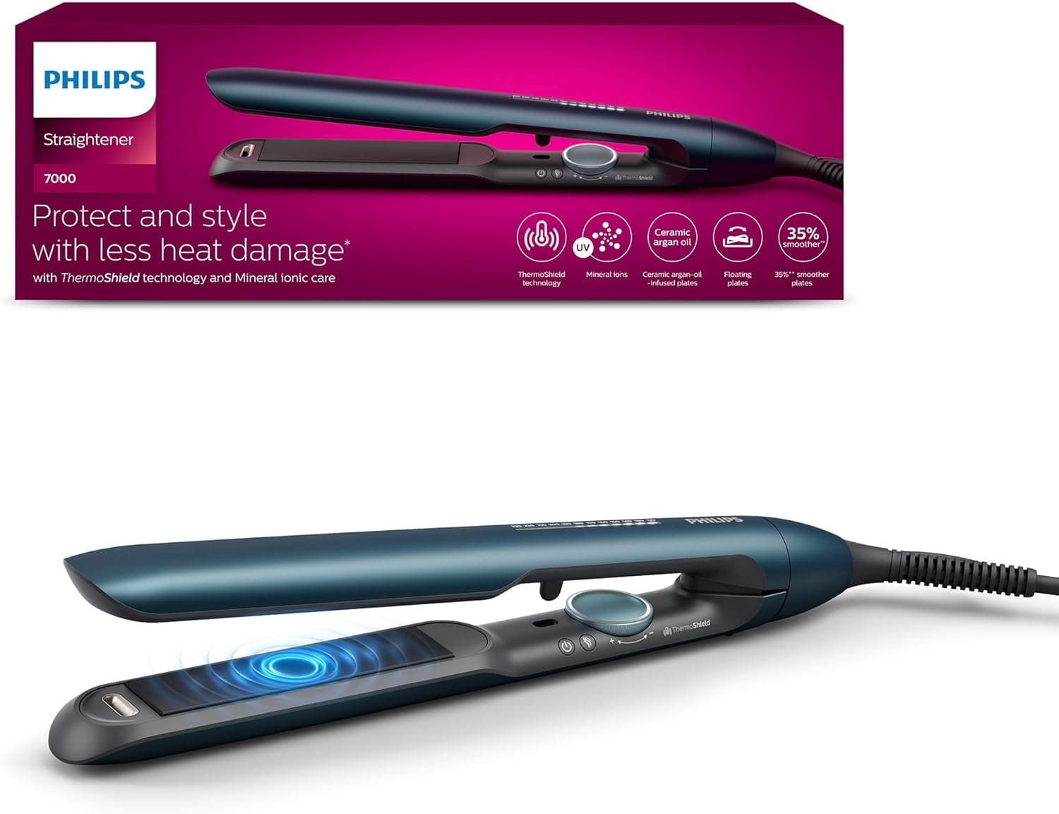 Philips Ferro de cabelo série 7000 com tecnologia ThermoShield, íons, placas de 105 mm de comprimento flutuantes com óleo de argão, 50% mais rápido, BHS732/00, azul