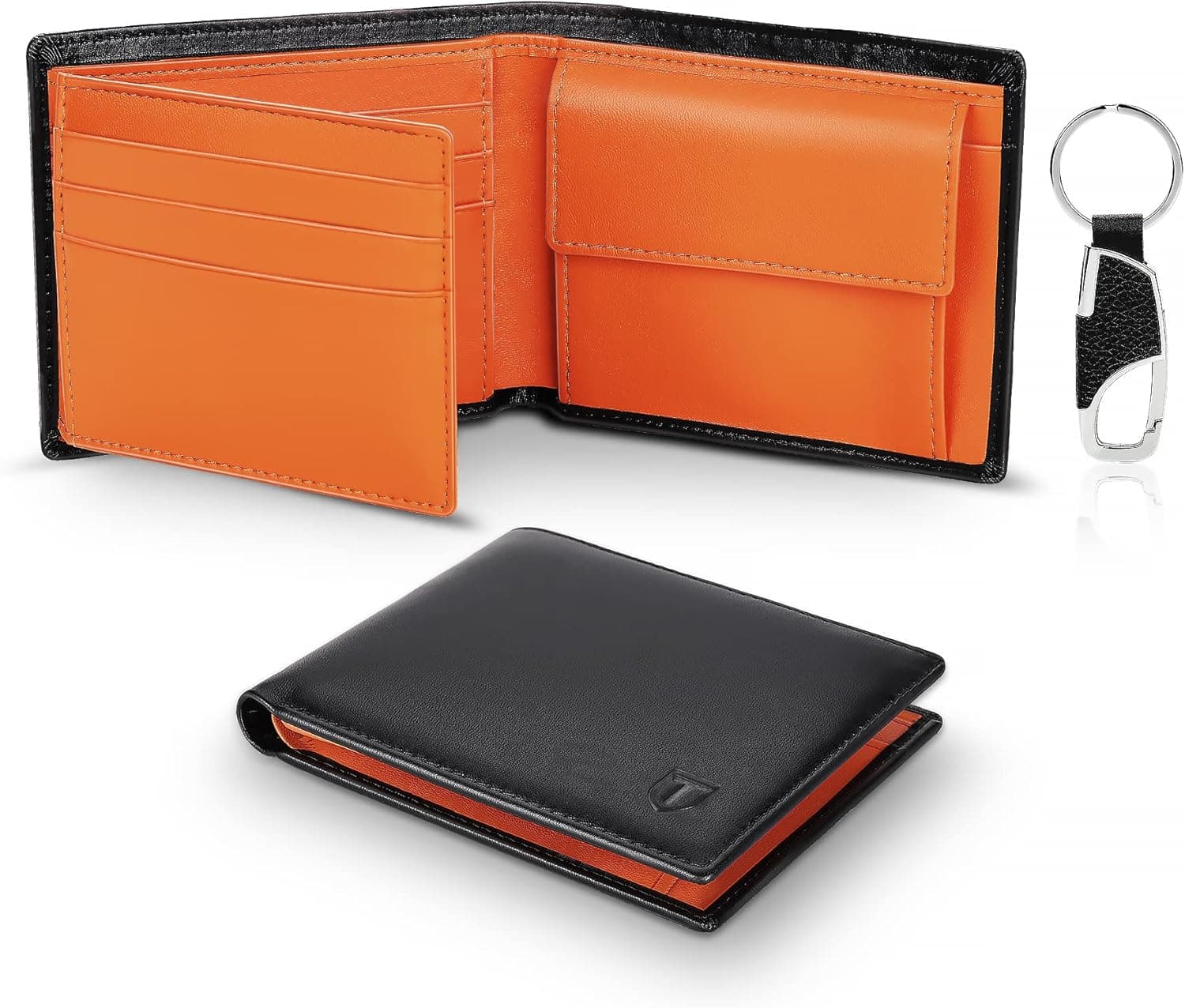 TEEHON Carteira para homem com bloqueio RFID com 10 ranhuras, 2 compartimentos para bilhetes, 1 bolso para moedas com botão, 1 porta-chaves e presente caixa - laranja preto, Laranja preto,