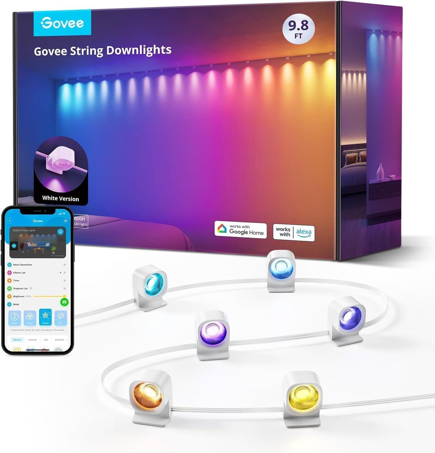 Govee Smart RGBIC Luz de parede interior, luzes LED compatíveis com Alexa, luzes LED Wi-Fi para festas, sincronização de música, regulável para sala de estar, branco, 3 m foco recarregável