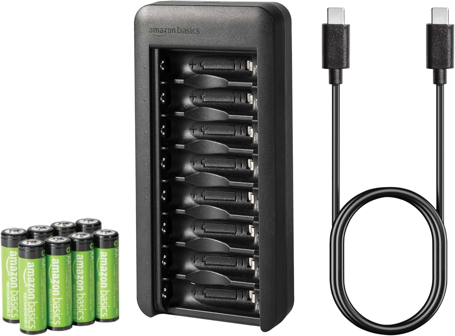 Amazon Basics Pacote de 8 baterias recarregáveis NiMh AA de 2000 mAh com carregador de bateria de 8 baías, sem adaptador de CA, porta USB C