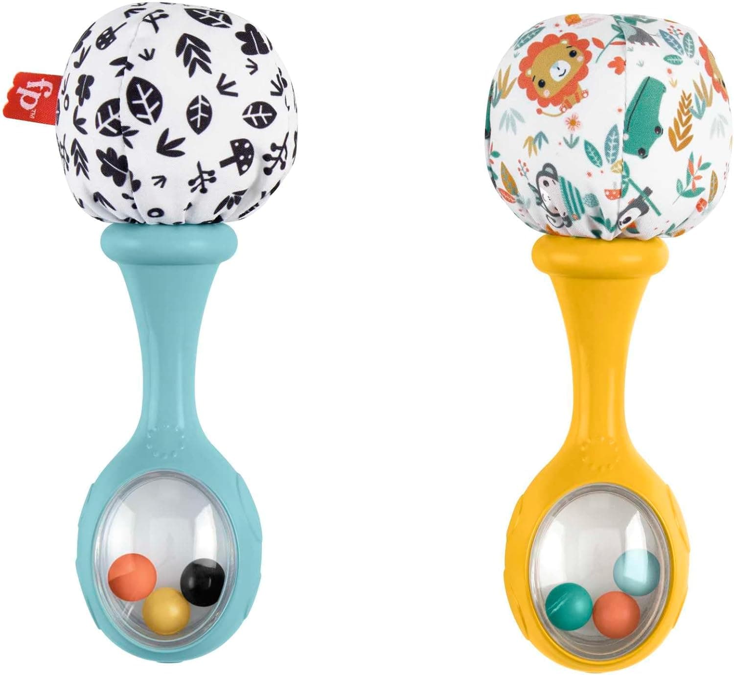 Fisher-Price Maracas engraçadas, 2 chocalhos com estampado de folhas em preto e branco e animais coloridos, brinquedo para bebés + 3 meses (Mattel HMF34)