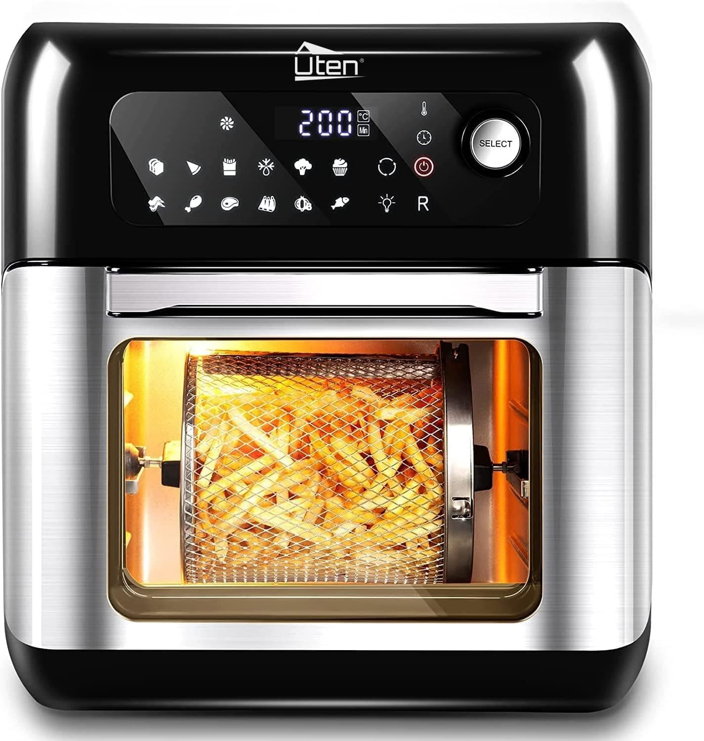 Uten Fritadeira de Ar sem Óleo 10L, Forno de Ar Quente 1500W, 12 Programas, Ecrã Táctil LED, 6 Acessórios, Sem BPA nem PFOA, Cozinha Rápida e Saudável, Receita em PDF