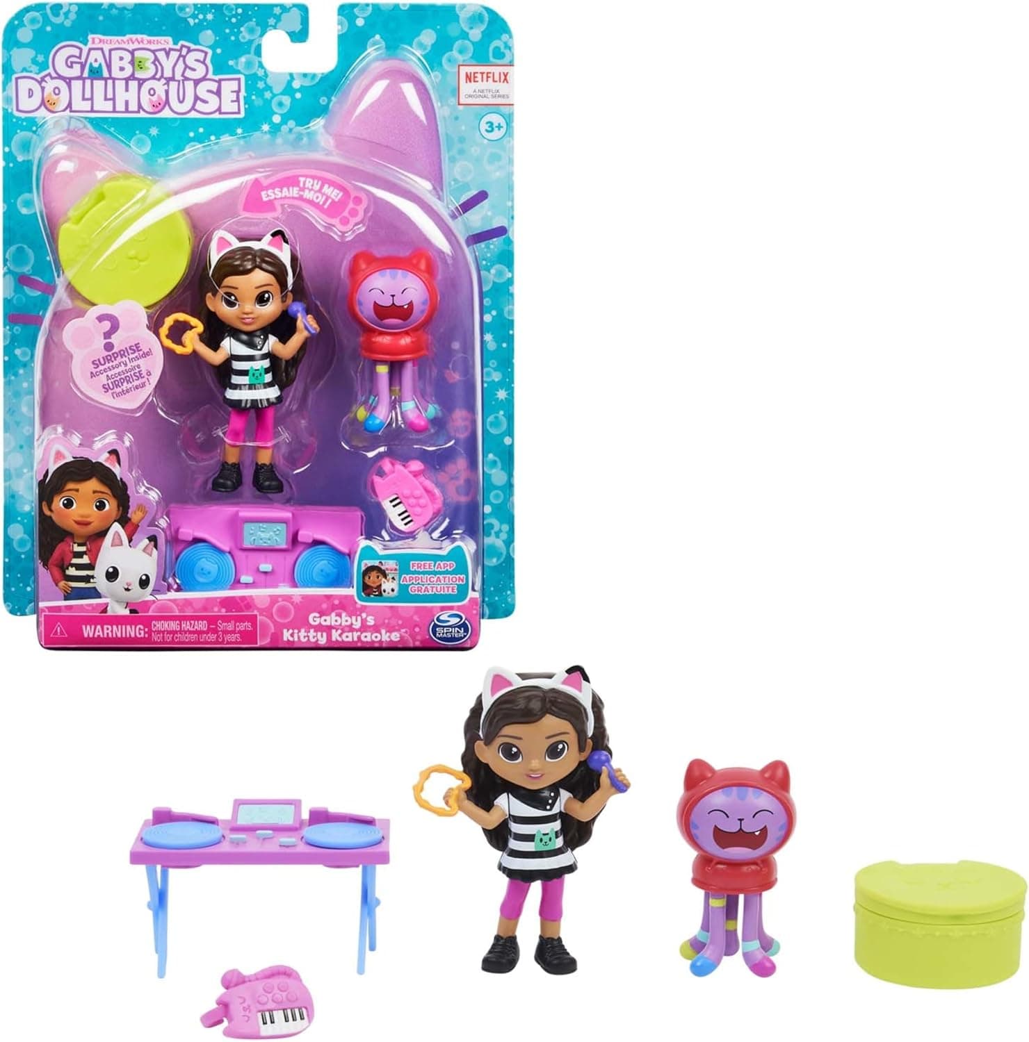 A casa de bonecas de GABBY - festa de KARAOKE - Karaoke da casa de bonecas de Gabby com 2 figras, 2 acessórios, 1 caixa surpresa e um móvel - 6062027 - brinquedos crianças 3 anos +