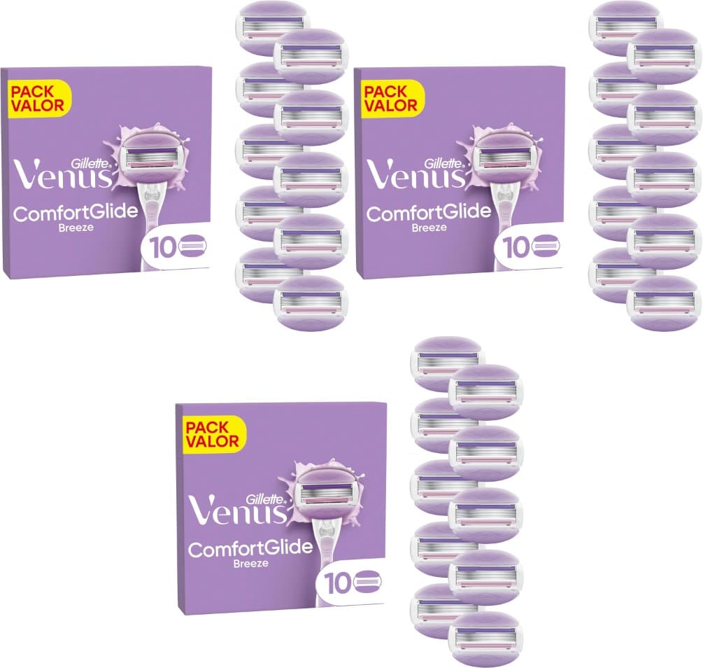 Venus Gillette Comfortglide, Breeze, substituição para máquina de mulher, conjunto de 10 peças, 3 folhas para uma remoção suave, púrpura e duradoura