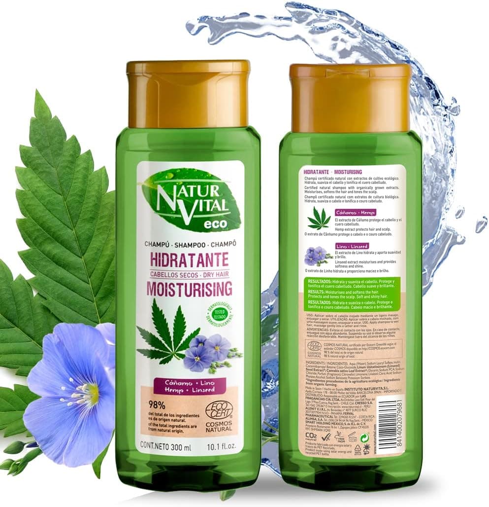 NaturVital Champô ecológico natural hidratante | cabelos secos, com cânhamo e linho de cultivo ecológico - 300 ml