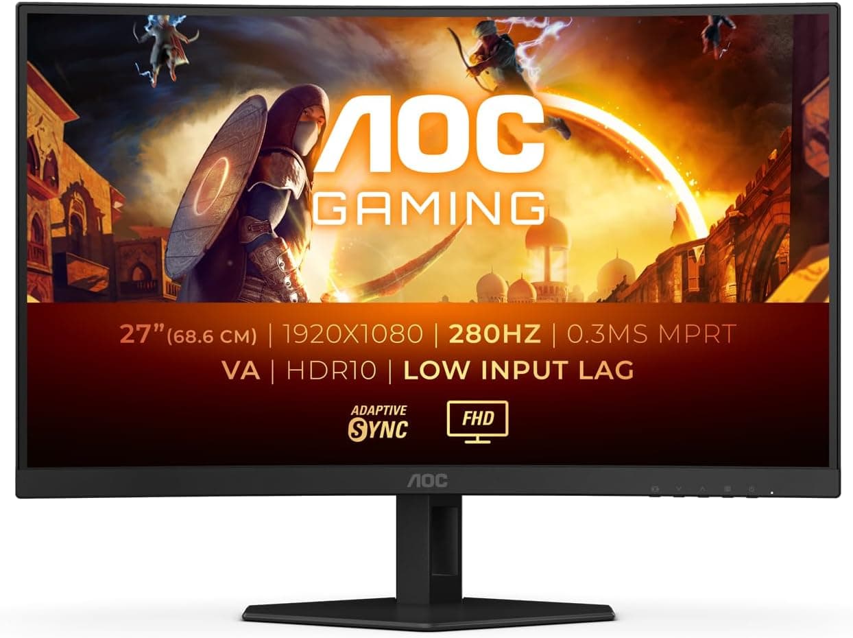 AOC Gaming C27G4ZXE Monitor FHD curvo de 27 polegadas, 280 Hz, 0,3 ms, VA, HDR10, base desportiva, baixo atraso de entrada, FreeSync (1920 x 1080,300 CD/m2, HDMI 2.2. 0 / DP 1.2)