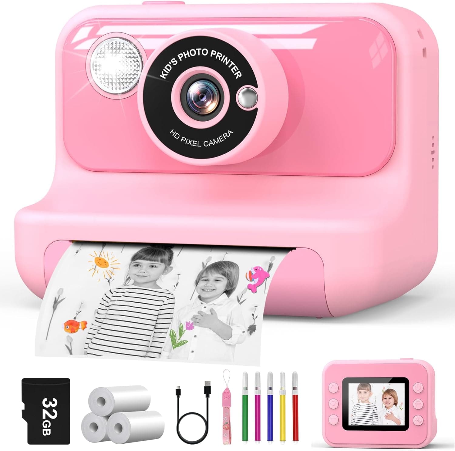 Hangrui Câmara fotos infantis instantâneas, 2,4 polegadas câmara fotos infantis com cartão de 32G, 1080P câmara instantânea para crianças com papel de impressão e canetas de cores, presentes brinquedo