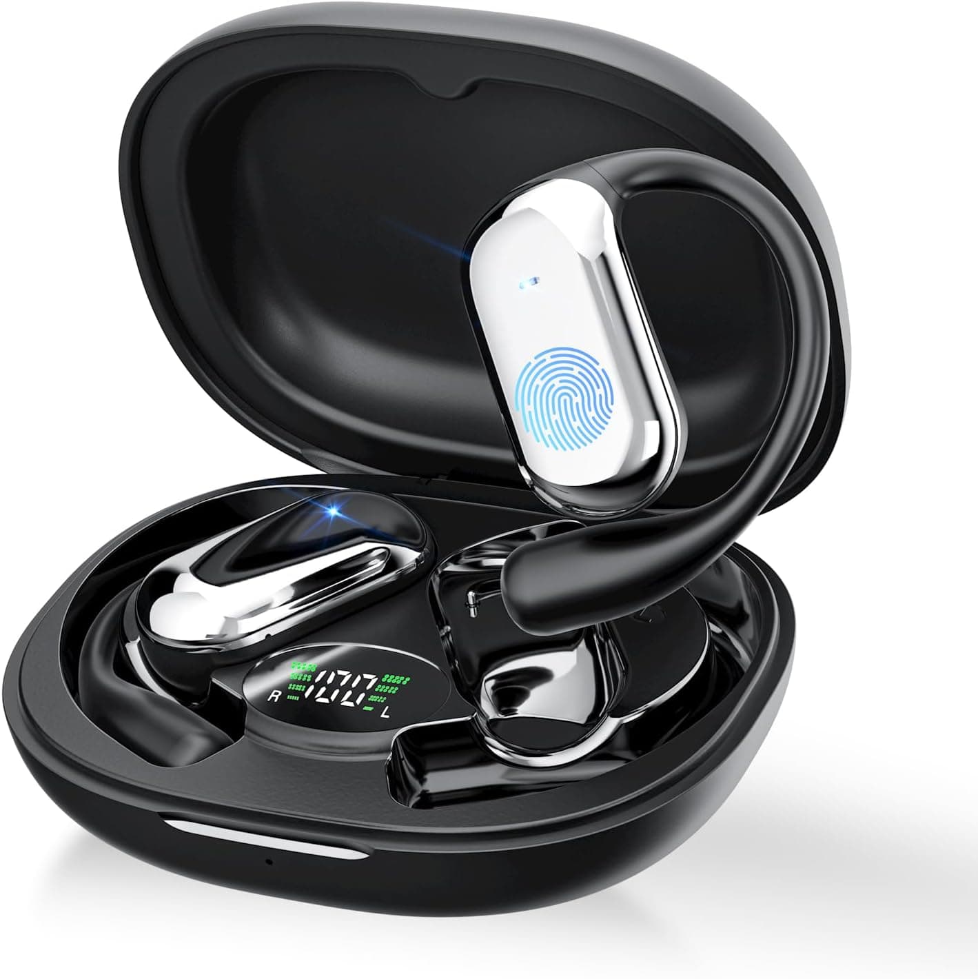 Auriculares open ear Bluetooth 5.4, auriculares sem fios desportivos com gancho, reprodução de 50H ecrã LED, auriculares com microfone incorporado, controlo tátil, IP7 impermeável