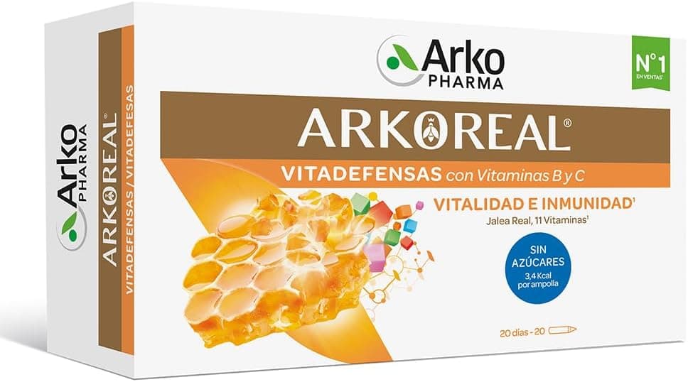 Arkopharma Arkoreal Geleia real vitadefesas sem açúcar 20 ampolhas, reforço de vitalidade e immunidade, geleia real premium, complemento alimentar, 20 unidades