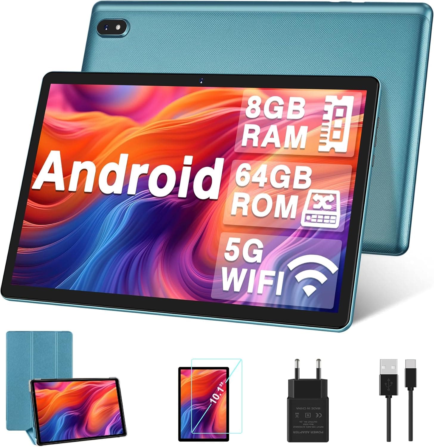 DMOAO Tablet Android de 10 polegadas com 5G Wi-Fi, tablets HD com 8 GB RAM + 64 GB ROM (TF 1TB), GPS, 1280 x 800, 8 cores 2,0 GHz, Bluetooth 5.0, 6000 mAh, USB-C, tablet azul