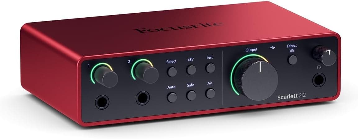 Focusrite Scarlett 2i2 4.ª gen. interface de áudio USB para gravar, compor, retransmitir e emitir pódcast. Gravação com som de estúdio e alta fidelidade e todo o software de que precisa