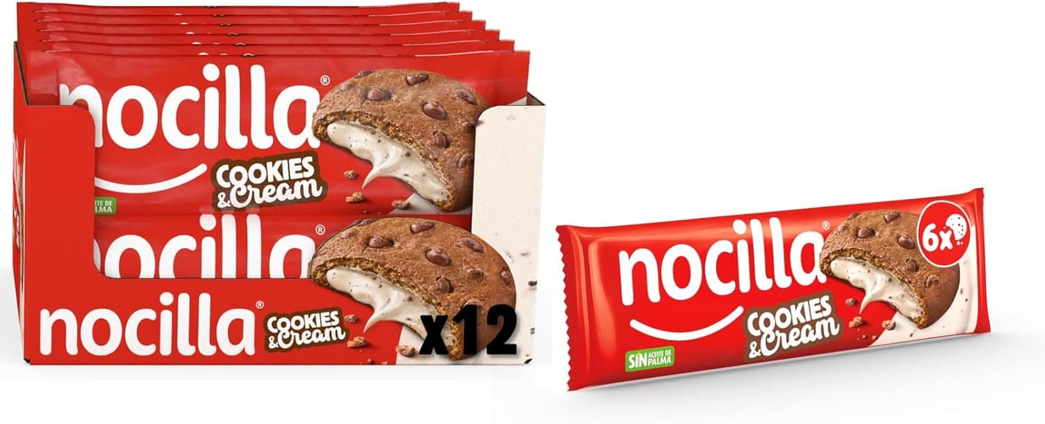 Nocilla, Cookies, Cookies & Cream, bolachas de cacau com gotas de chocolate, recheadas com creme de leite e pedaços de bolacha de cacau - 12 pacotes de 6 unidades - 1440 g