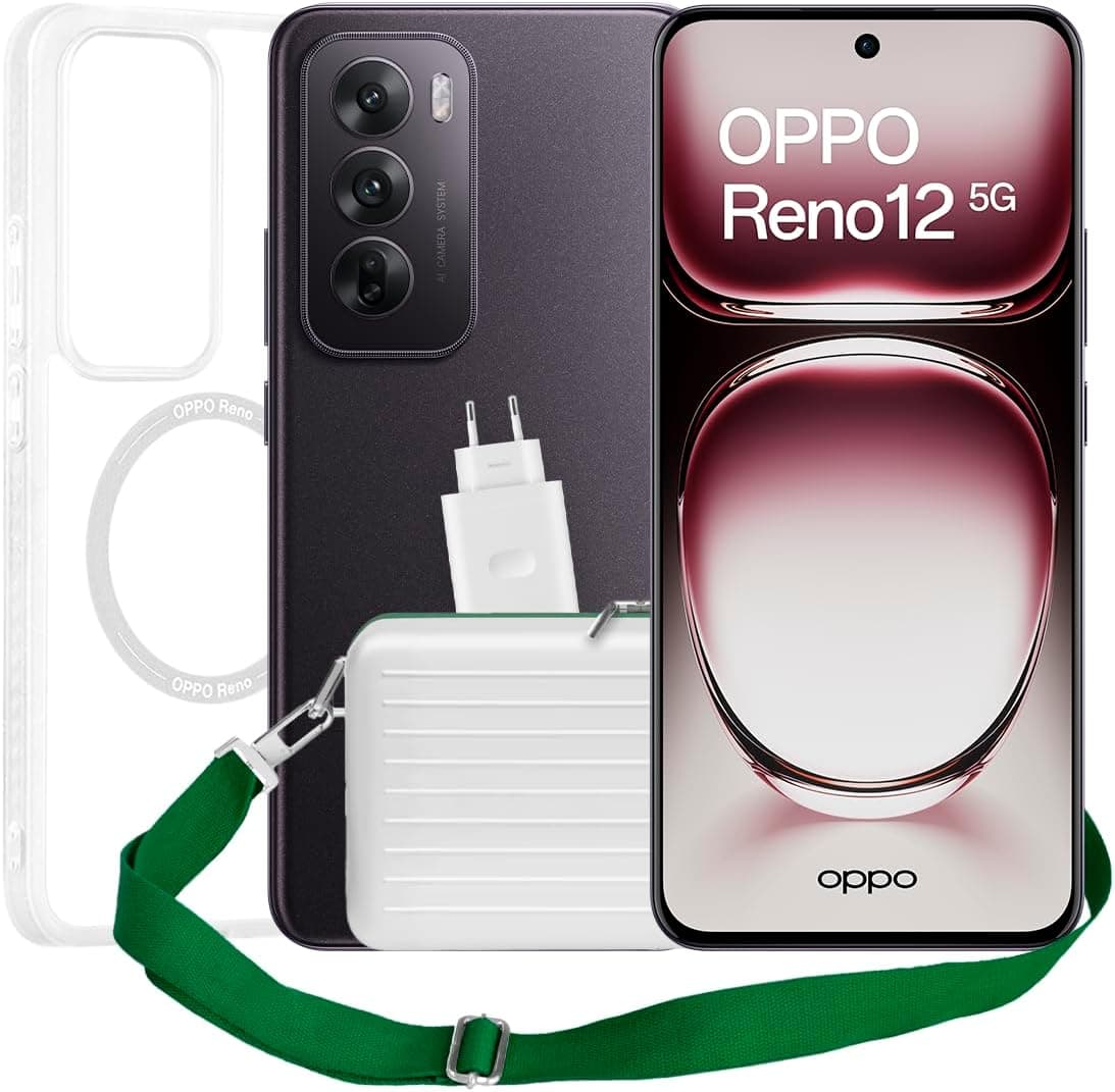 OPPO Reno12 5G Pack de lançamento - Smartphone livre com IA, 24 GB (12 GB + 12 GB) +256 GB, ecrã 3D AMOLED 6,7", câmara 50 8 50 MP, Android, vídeo 4K, bateria 5000 mAh, carregamento 80W Redondo Black