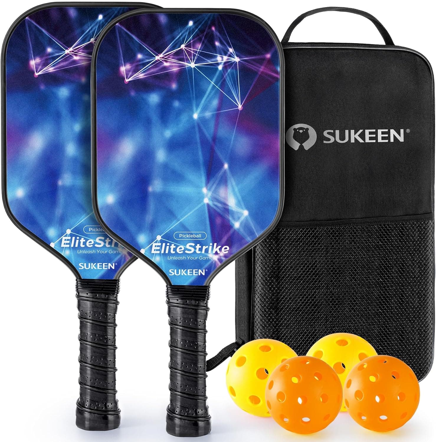 Sukeen Pickleball Paddles Set, 2 unidades, design de céu estrelado de fibra de vidro, alta potência de salto, raquete de pickleball para interior e exterior com bolsa portátil
